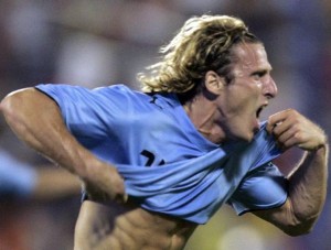 Uruguay's Forlan celebrates after scoring in the Copa America soccer tournament in Maracaibo