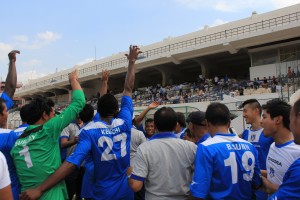 Rangdajied United players acknowledge their fans after I-League qualification