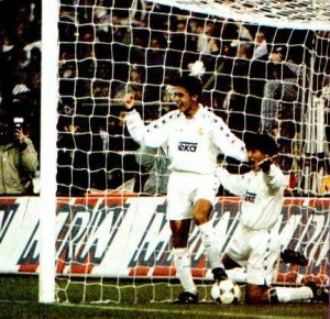 Zamorano and a young Raul celebrate a goal