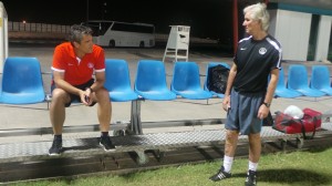 Scott O'Donell (left) and Colm Joseph Toal discuss a point at the Technical Committee Training Centre in Doha, Qatar.(by AIFF Media)