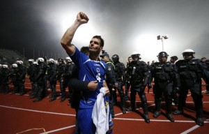 Bosnia's Emir Spahic celebrates World Cup qualification after victory against Lithuania