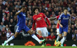 Fellaini controlled Chelsea's midfield pivot of Fabregas and Matic (c) Man Utd via Getty Images