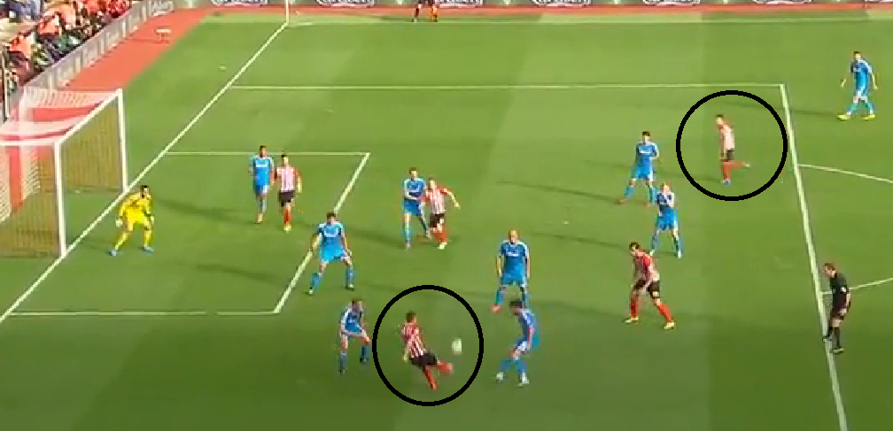 Tadic spots Jack Cork's late run into the box.