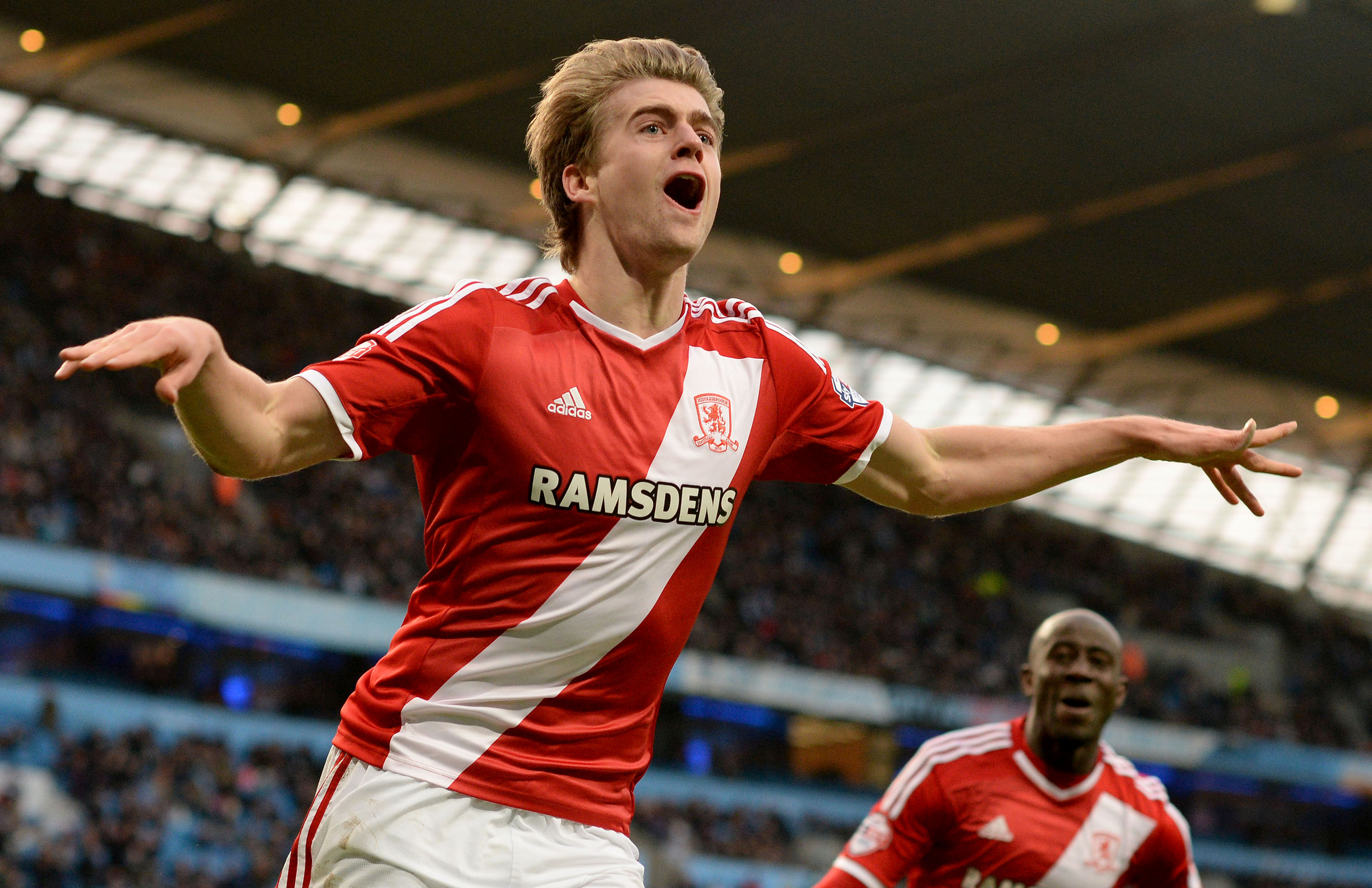 epaselect epa04581392 Middlesbrough's Patrick Bamford celebrates scoring during the English FA Cup fourth round match between Manchester City and Middlesbrough at the Etihad Stadium in Manchester, Britain, 24 January 2015. EPA/NIGEL RODDIS http://www.epa.eu/files/Terms%20and%20Conditions/DataCo_Terms_and_Conditions.pdf