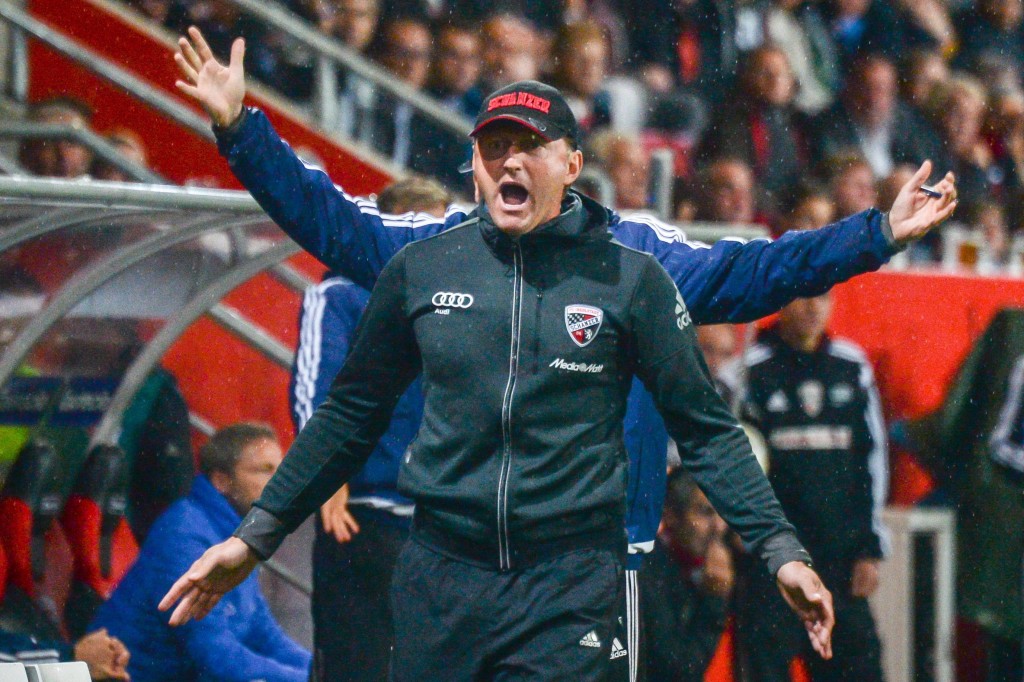 Ralph Hasenhuttl reacts during the German Bundesliga soccer match between FC Ingolstadt 04 and SV Hamburg at Audi Sportpark, in Ingolstadt, Germany, 22 September 2015. (Photo by ARMIN WEIGEL/EPA)