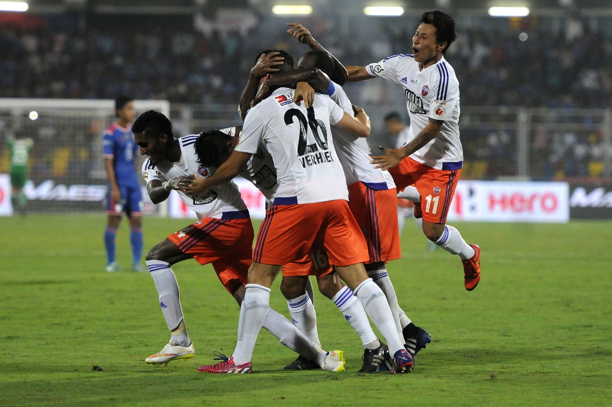 Eugeneson Lyngdoh of FC Pune City celebrates his goal during match 25 of the Indian Super League (ISL) season 2 between FC Goa and FC Pune City held at the Jawaharlal Nehru Stadium, Fatorda, Goa, India on the 30th October 2015.
Photo by Pal Pillai / ISL/ SPORTZPICS