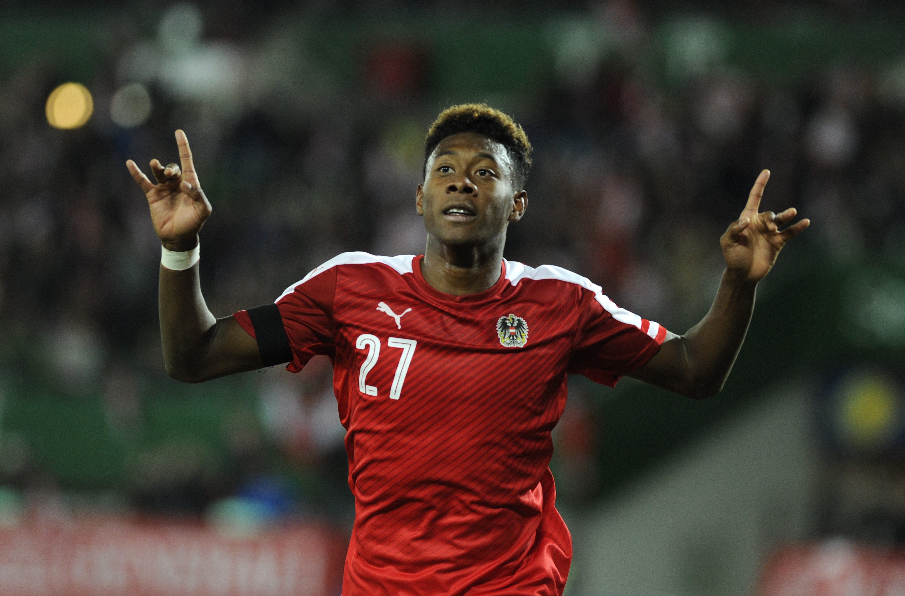 David Alaba reacts after scoring the 1-1 during a friendly soccer match between Austria and Switzerland at Ernst Happel stadium in Vienna, Austria, 17 November 2015. (Photo by HERBERT PFARRHOFER/EPA)