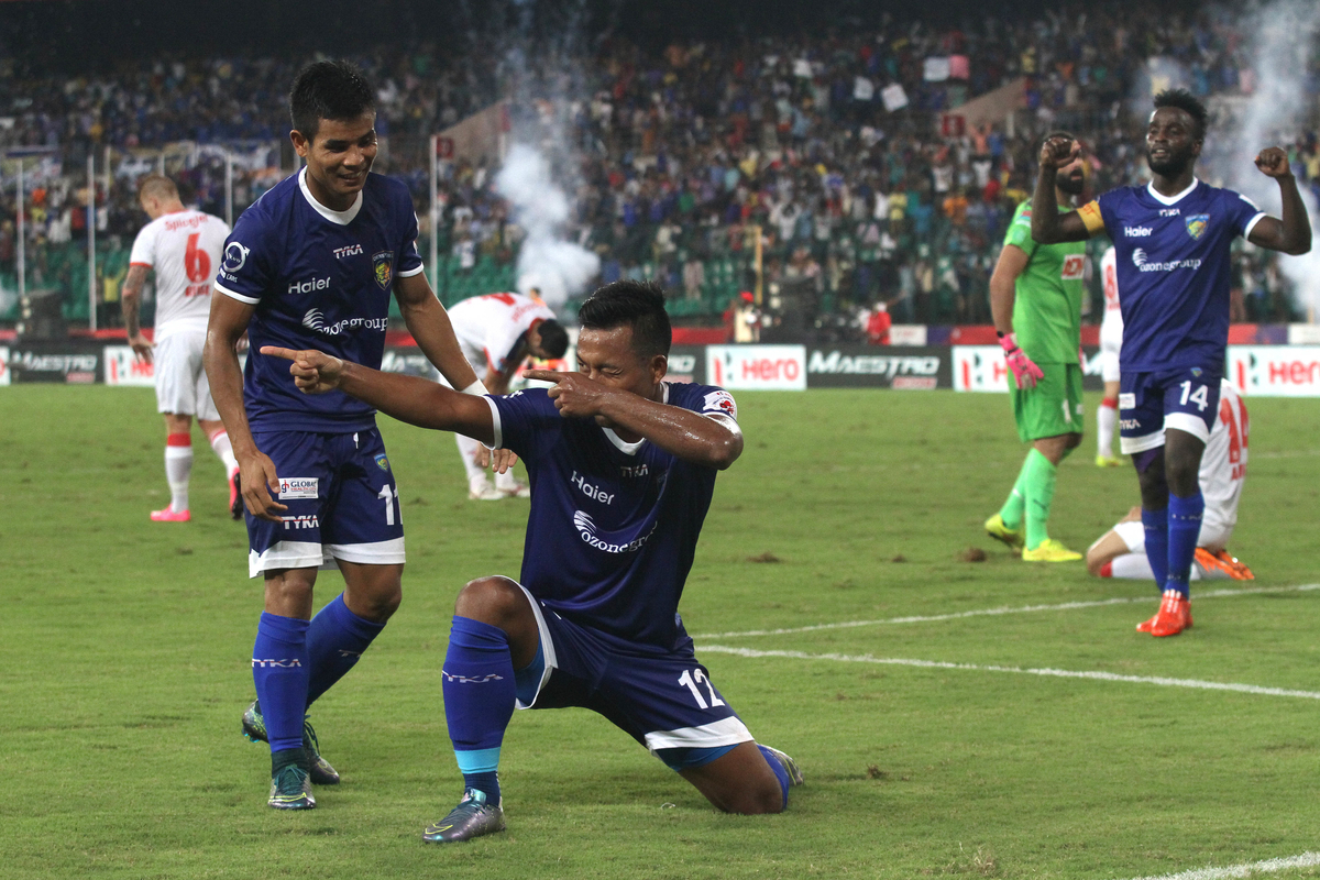 Jeje Lalpekhlua of Chennaiyin FC celebrates scoring his second goal and Chennaiyin FC 4th goal during match 45 of the Indian Super League (ISL) season 2 between Chennaiyin FC and Delhi Dynamos FC held at the Jawaharlal Nehru Stadium, Chennai, Tamil Nadu, India on the 24th November 2015.
Photo by Shaun Roy / ISL/ SPORTZPICS