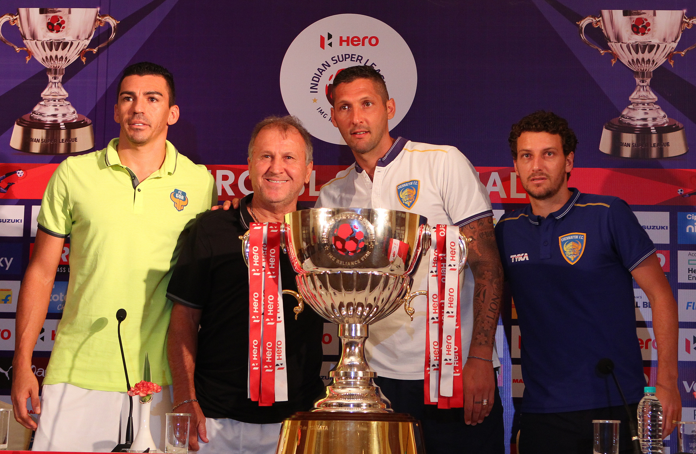 Lucimar Da Silva Ferreira of FC Goa, FC Goa coach Zico , Chennaiyin FC coach Marco Materazzi and Elano Blumer of Chennaiyin FC  during the pre-final press conference of the Indian Super League (ISL) held at the Radisson Blu hotel in Goa on the 19th December  2015.

Photo by Ron Gaunt / ISL / SPORTZPICS