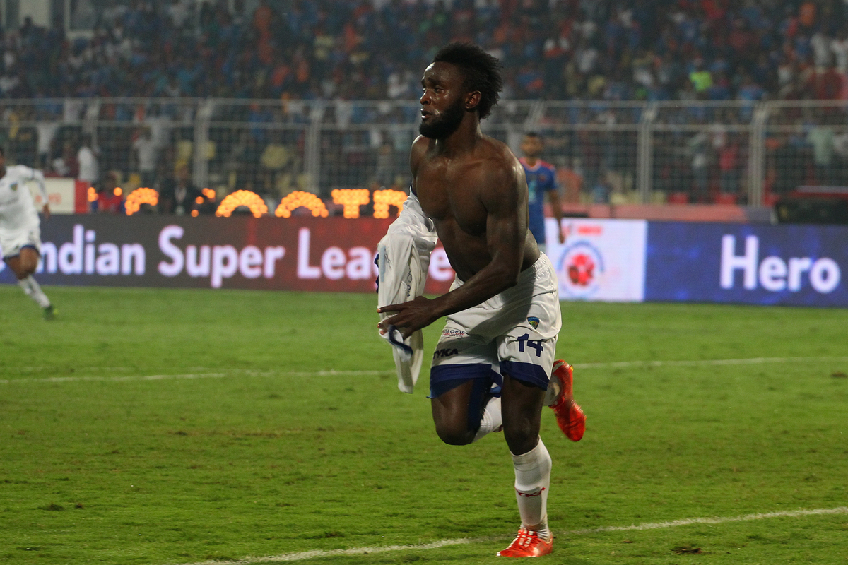 John Stiven Mendoza Valencia of Chennaiyin FC celebrates scoring  during the Final of the Indian Super League (ISL) season 2 between FC Goa and Chennaiyin FC held at the Jawaharlal Nehru Stadium, Fatorda, Goa, India on the 20th December 2015.

Photo by Ron Gaunt / ISL/ SPORTZPICS
