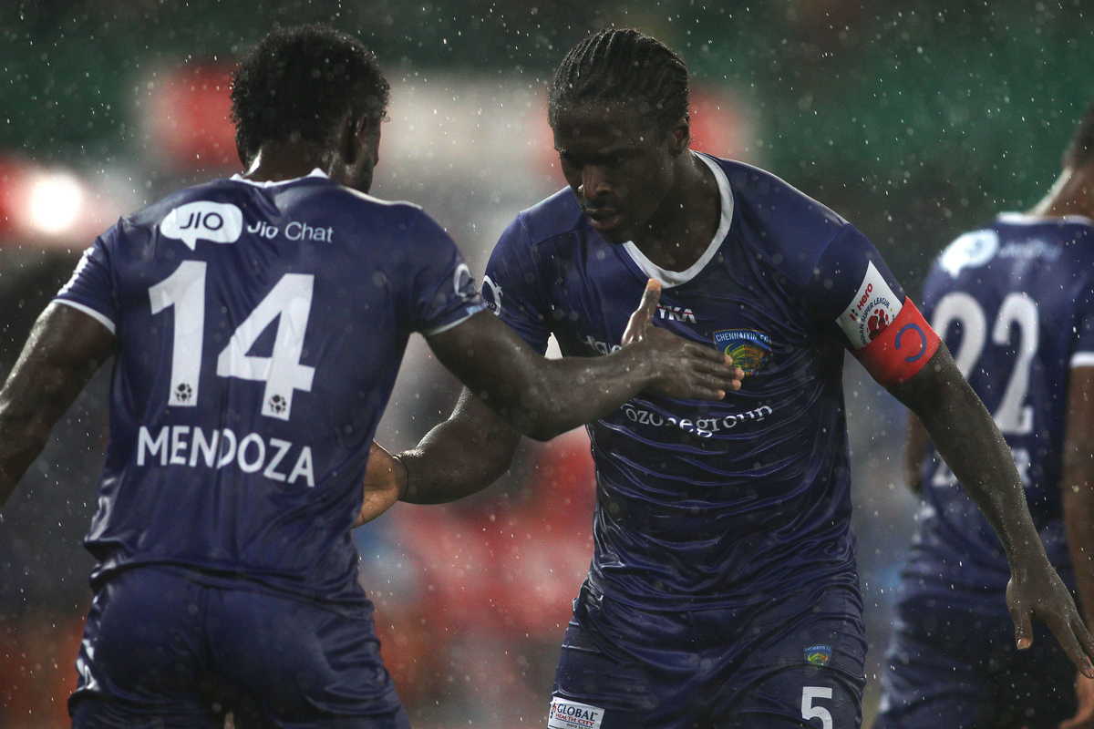 John Steven Mendoza Valencia of Chennaiyin FC celebrates Chennaiyin FC captain Bernard Mendy goal and Chennaiyin FC third during match 51 of the Indian Super League (ISL) season 2 between Chennaiyin FC and Mumbai City FC held at the Jawaharlal Nehru Stadium, Chennai, Tamil Nadu, India on the 1st December 2015.
Photo by Shaun Roy / ISL/ SPORTZPICS