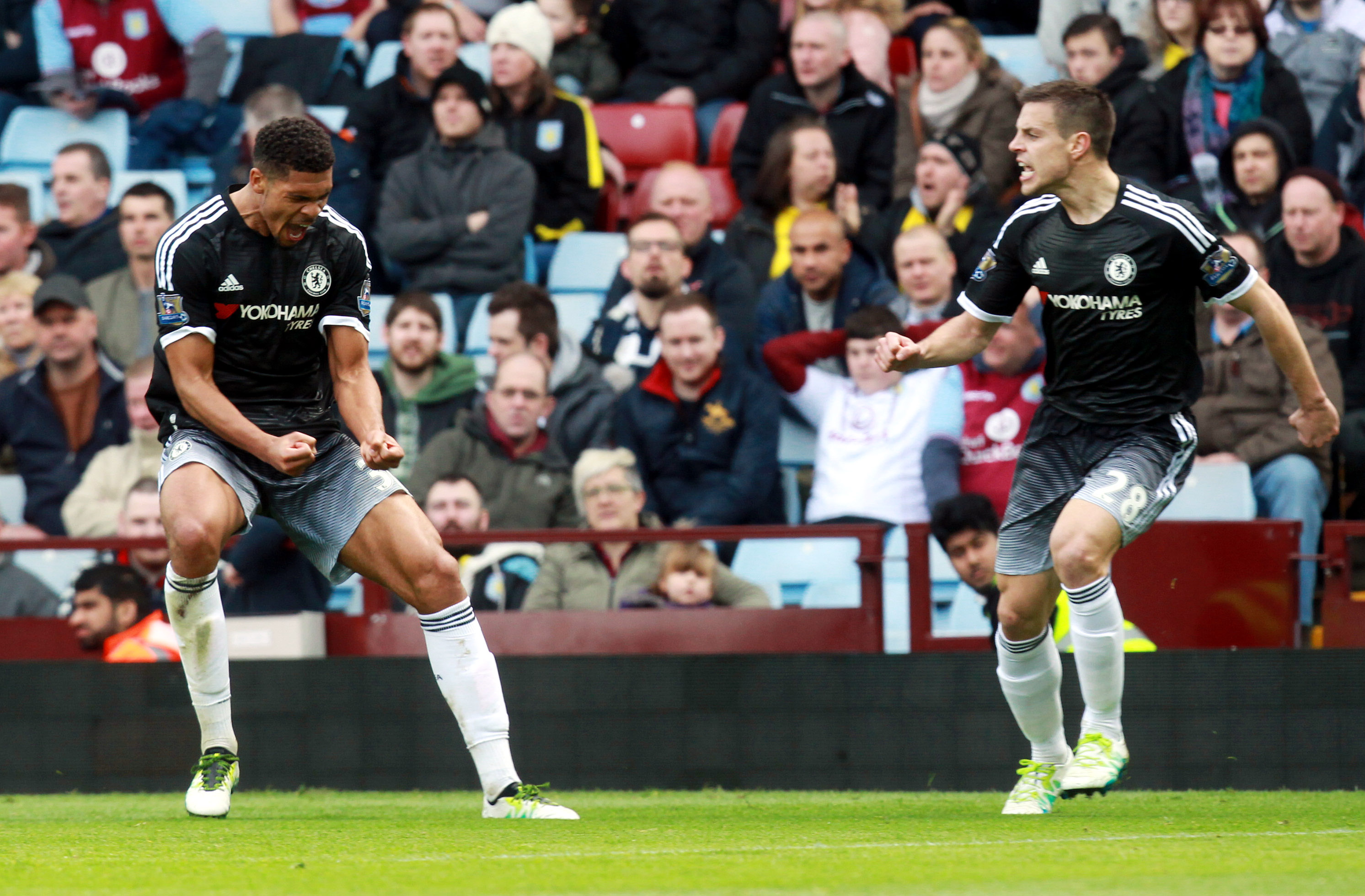 epa05240583 Chelsea's Ruben Loftus-Cheek (L) celebrates his goal with team-mate Cesar Azpilicueta during the English Premier League match between Aston Villa and Chelsea at Villa Park in Birmingham, Britain, 02 April 2016. EPA/SEAN DEMPSEY EDITORIAL USE ONLY. No use with unauthorized audio, video, data, fixture lists, club/league logos or 'live' services. Online in-match use limited to 75 images, no video emulation. No use in betting, games or single club/league/player publications.