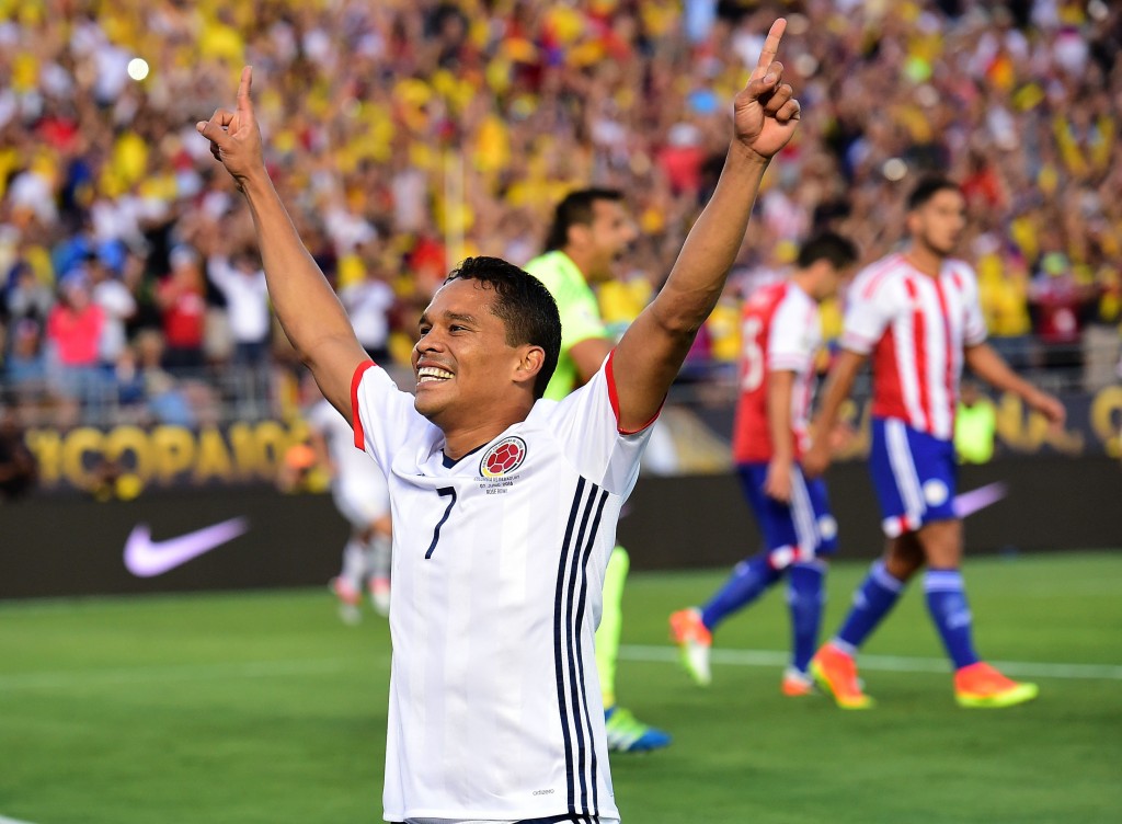 Colombia's Carlos Bacca celebrates after scoring against Paraguay during a Copa America Centenario football match in Pasadena, California, United States, on June 7, 2016. / AFP / Frederic J. Brown (Photo credit should read FREDERIC J. BROWN/AFP/Getty Images)