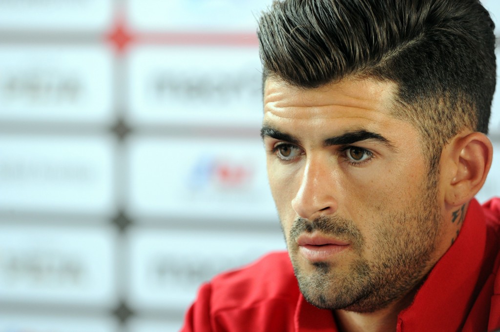 Albania's defender Elseid Hysaj holds a press conference in Perros-Guirec, western France, on June 12, 2016 during the Euro 2016 football tournament. / AFP / FRED TANNEAU (Photo credit should read FRED TANNEAU/AFP/Getty Images)