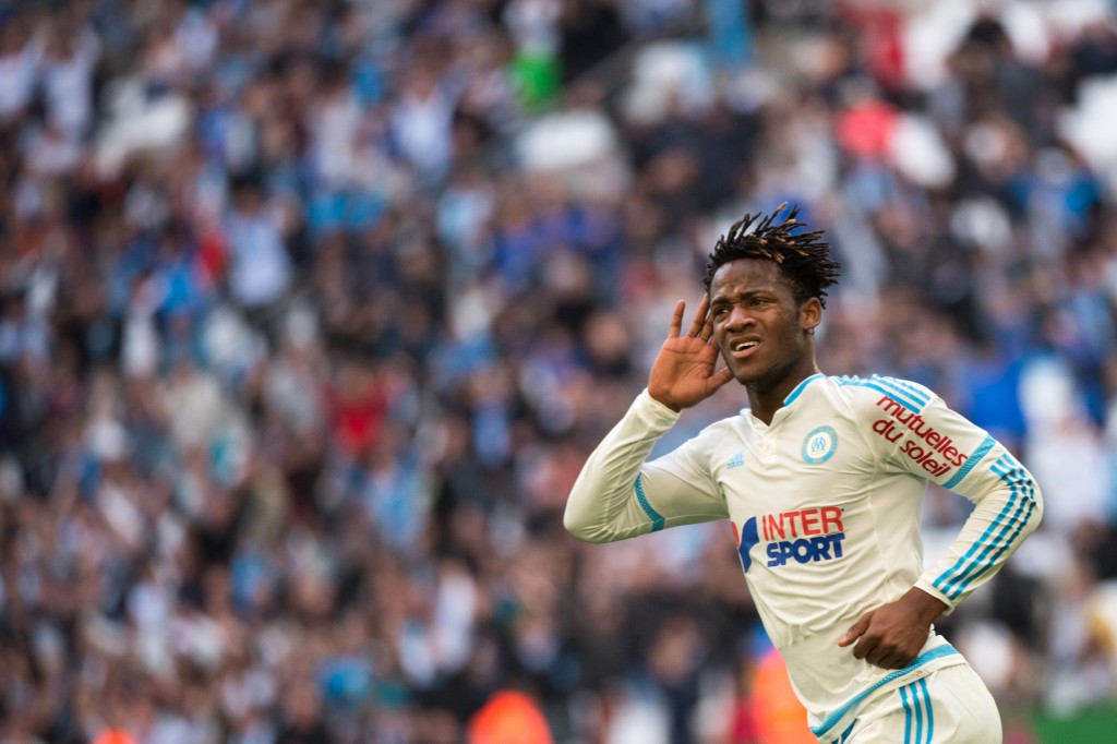 Marseille's Belgian forward Michy Batshuayi celebrates after scoring the 1-1 goal during the French L1 football match between Olympique de Marseille and Saint-Etienne at Velodrome Stadium in Marseille, southern France, on February 21, 2016. The match ended in a 1-1 draw. AFP PHOTO / BERTRAND LANGLOIS / AFP / BERTRAND LANGLOIS (Photo credit should read BERTRAND LANGLOIS/AFP/Getty Images)