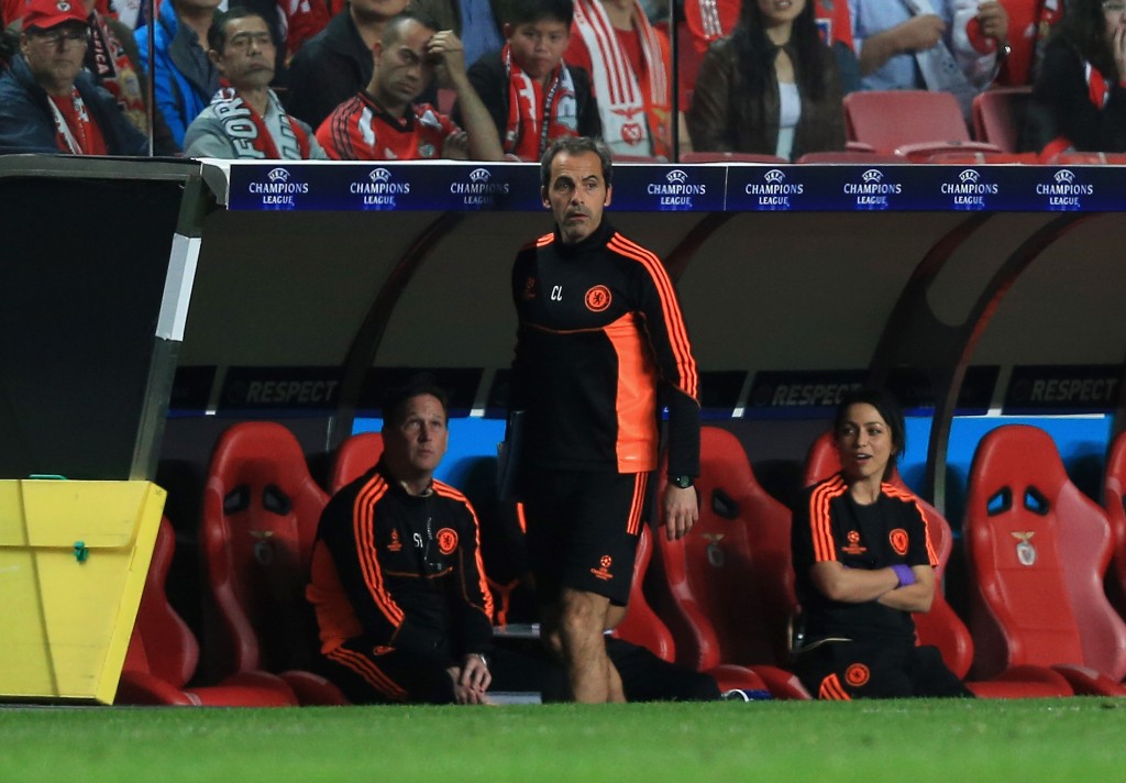 LISBON, PORTUGAL - MARCH 27: Christophe Lollichon, Chelsea goalkeeping coach is asked to leave the bench during the UEFA Champions League Quarter Final first leg match between Benfica and Chelsea at Estadio da Luz on March 27, 2012 in Lisbon, Portugal. (Photo by Clive Rose/Getty Images)