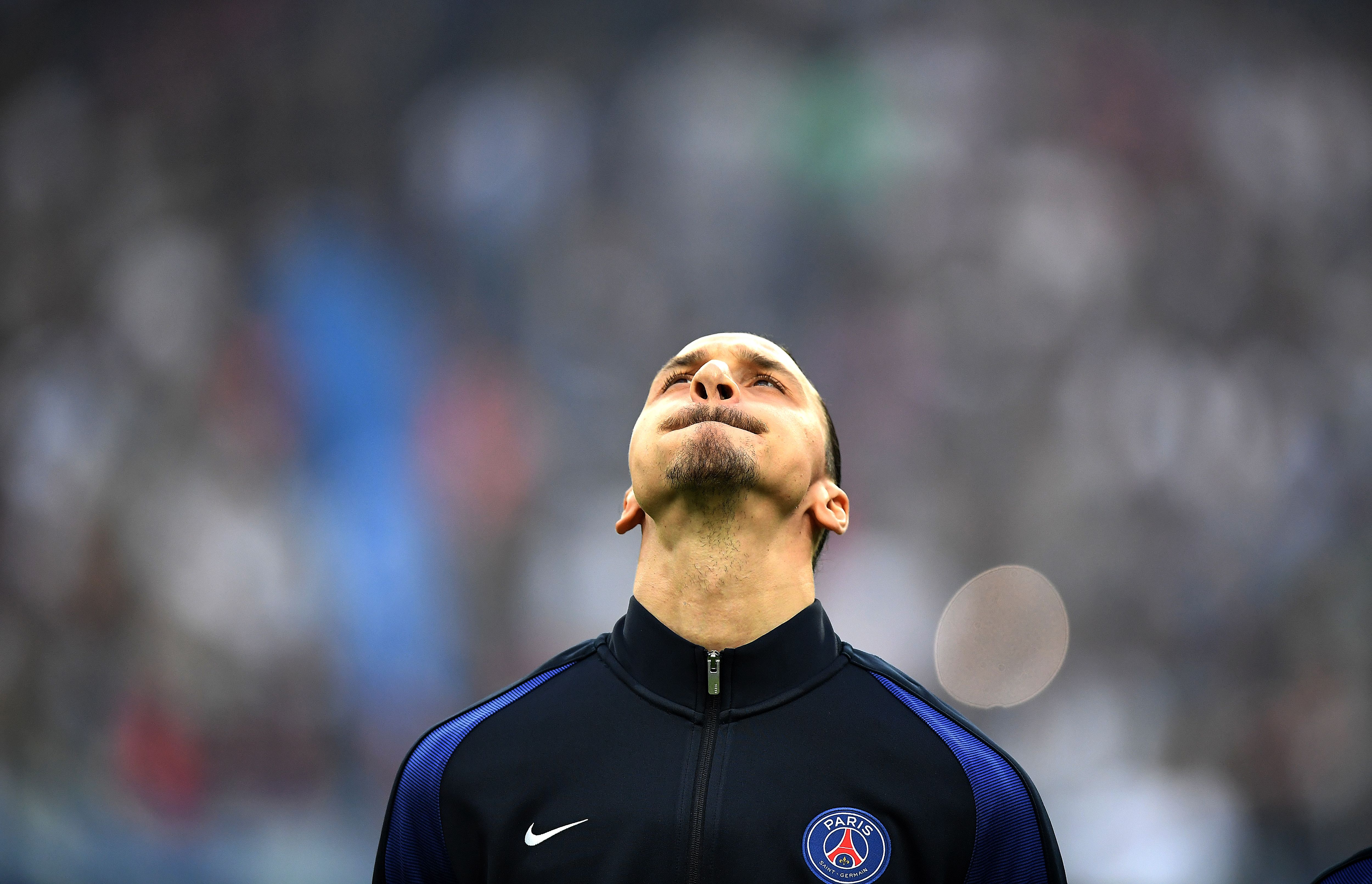 Paris Saint-Germain's Swedish forward Zlatan Ibrahimovic reacts prior to the French Cup final football match beween Marseille (OM) and Paris Saint-Germain (PSG) on May 21, 2016 at the Stade de France in Saint-Denis, north of Paris. AFP PHOTO / FRANCK FIFE / AFP / FRANCK FIFE (Photo credit should read FRANCK FIFE/AFP/Getty Images)