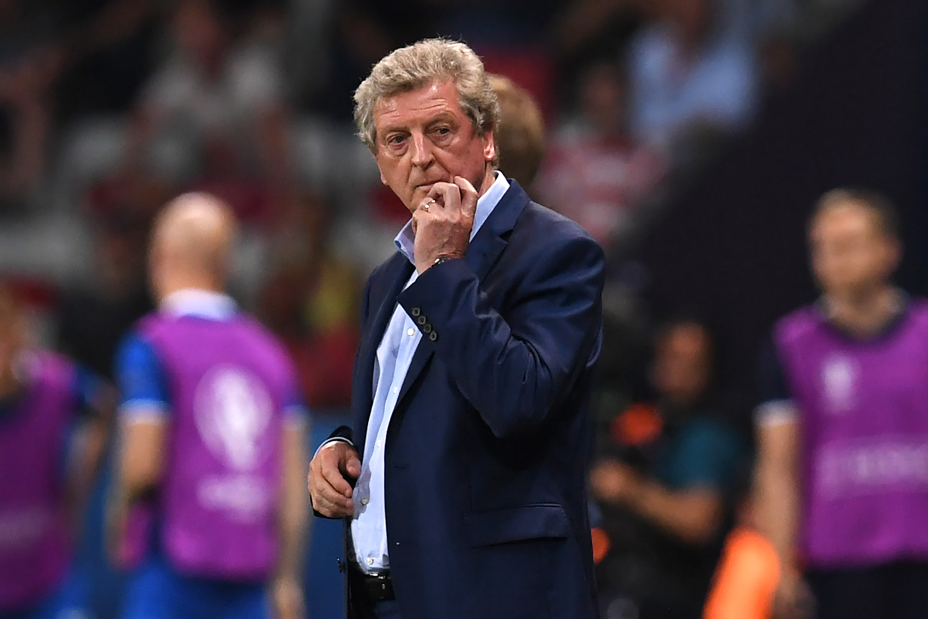 England's coach Roy Hodgson reacts during Euro 2016 round of 16 football match between England and Iceland at the Allianz Riviera stadium in Nice on June 27, 2016. / AFP / PAUL ELLIS (Photo credit should read PAUL ELLIS/AFP/Getty Images)