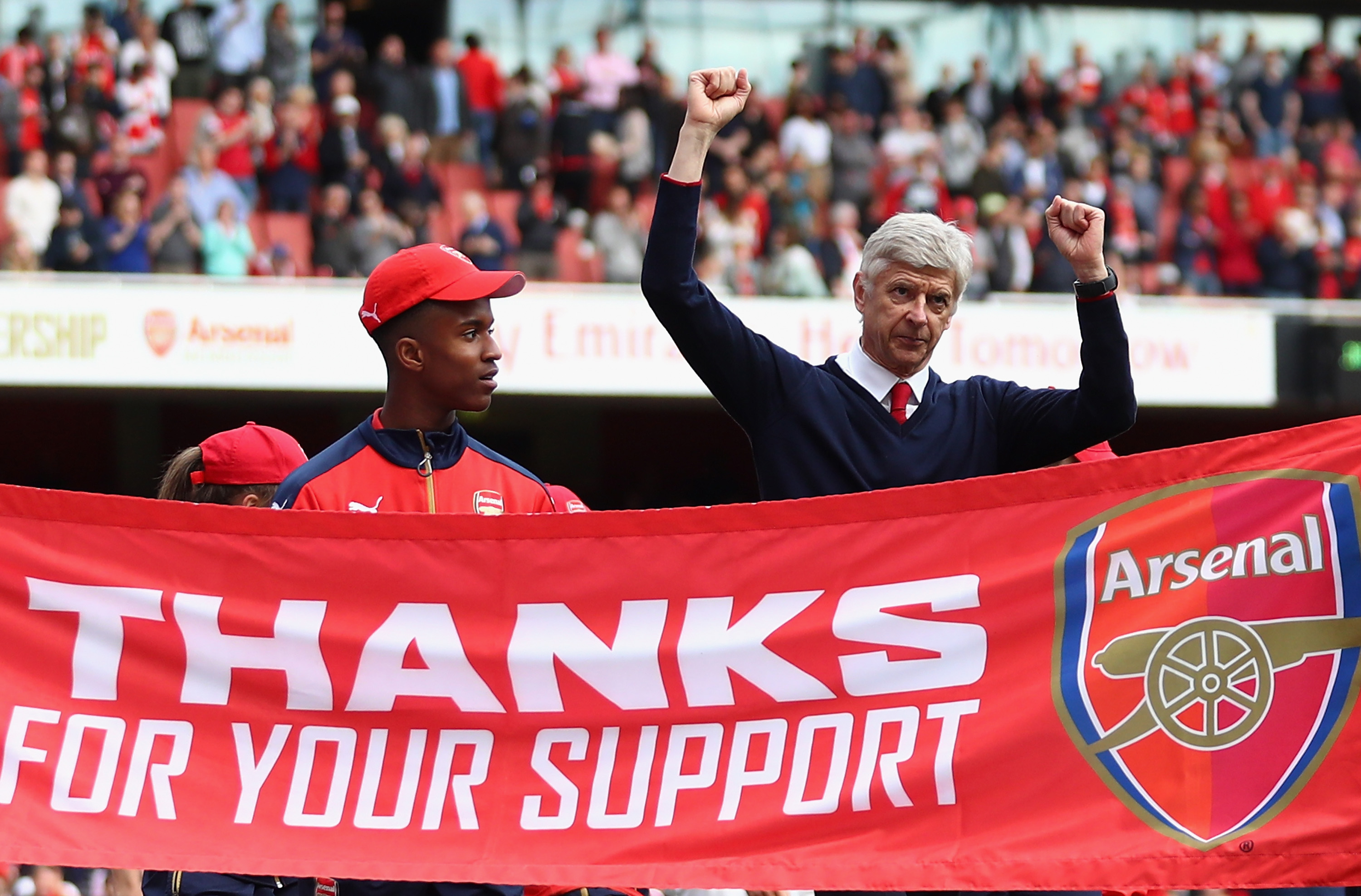 London, England - May 15: Manager Arsene Wenger thanks the support after the Barclays Premier League match between Arsenal and Aston Villa at the Emirates Stadium on May 15, 2016 in London, England. (Photo by Julian Finney/Getty Images)