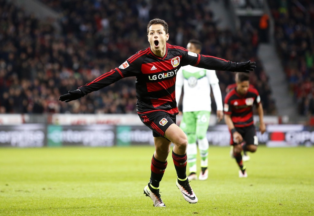 LEVERKUSEN, GERMANY - APRIL 01: Javier Hernandez Chicharito of Leverkusen celebrates scoring the 2:0 goal during the Bundesliga match between Bayer Leverkusen and VFL Wolfsburg at BayArena on April 1, 2016 in Leverkusen, Germany. (Photo by Mika Volkmann/Bongarts/Getty Images)