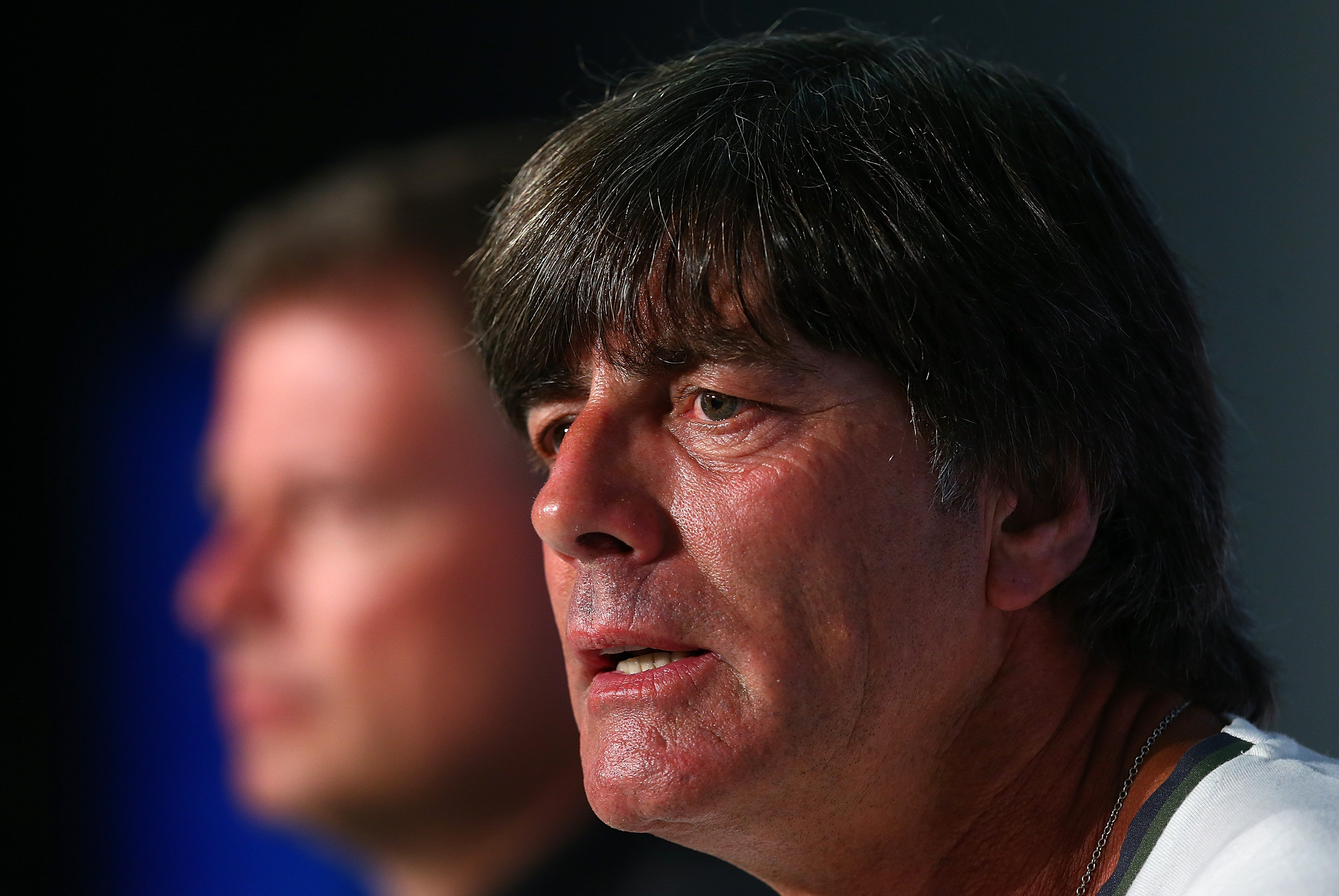 MARSEILLE, FRANCE - JULY 06:  In this handout image provided by UEFA, head coach Joachim Loew faces the media during the Germany press conference at Stade Velodrome on July 6, 2016 in Marseille, France. (Photo by Handout/UEFA via Getty Images)