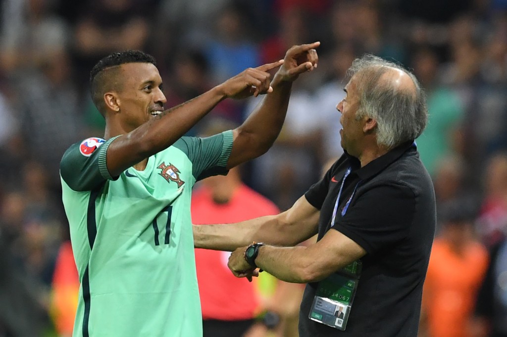 Portugal's forward Nani celebrates after scoring a goal during the Euro 2016 semi-final football match between Portugal and Wales at the Parc Olympique Lyonnais stadium in Décines-Charpieu, near Lyon, on July 6, 2016. / AFP / Francisco LEONG (Photo credit should read FRANCISCO LEONG/AFP/Getty Images)