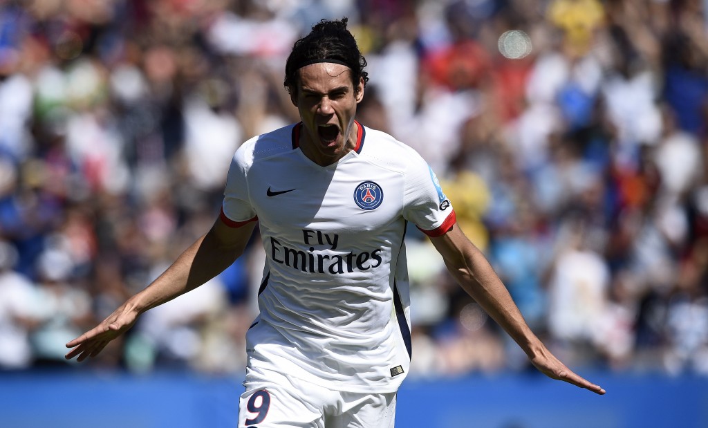 Paris Saint-Germain's Uruguyan forward Edinson Cavani celebrates his goal during the French Trophy of Champions football match against Paris-Saint-Germain vs Lyon at Saputo stadium in Montreal on August 1, 2015 AFP PHOTO / FRANCK FIFE (Photo credit should read FRANCK FIFE/AFP/Getty Images)