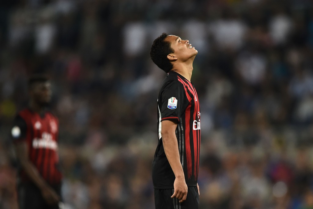 AC Milan's forward from Colombia Carlos Bacca reacts as Juventus' forward from Spain Alvaro Morata scored during the Italian Tim Cup final football match AC Milan vs Juventus on May 21, 2016 at the Olympic Stadium in Rome. AFP PHOTO / FILIPPO MONTEFORTE / AFP / FILIPPO MONTEFORTE (Photo credit should read FILIPPO MONTEFORTE/AFP/Getty Images)