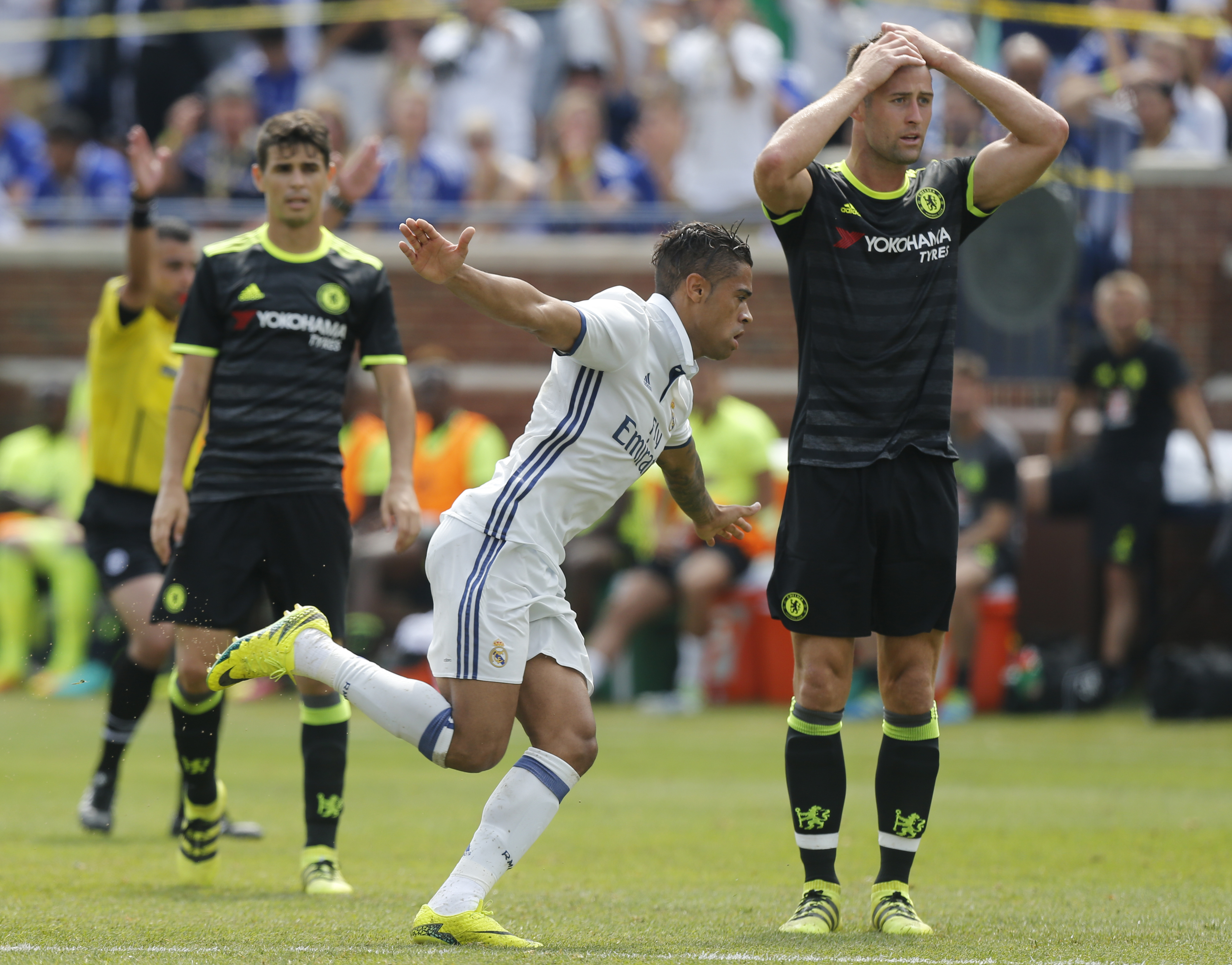 Real Madrid defender Mariano Diaz (C) celebrates his goal against Chelsea during an International Champions Cup soccer match in Ann Arbor, Michigan on July 30, 2016. / AFP / Jay LaPrete        (Photo credit should read JAY LAPRETE/AFP/Getty Images)