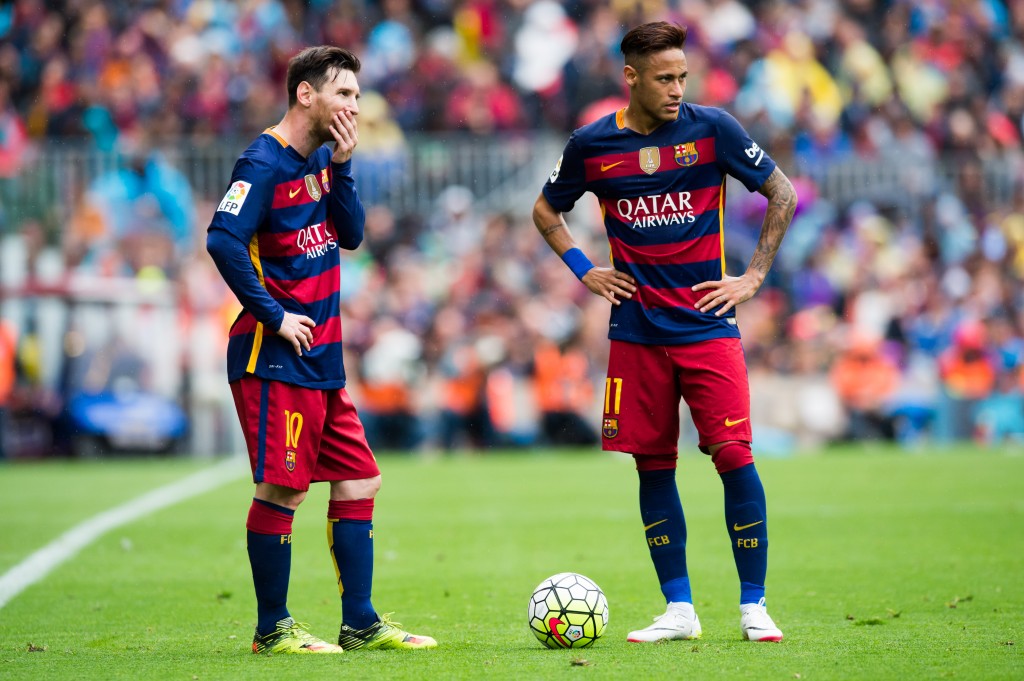 BARCELONA, SPAIN - MAY 08: Lionel Messi and Neymar Santos Jr of FC Barcelona look on during the La Liga match between FC Barcelona and RCD Espanyol at Camp Nou on May 8, 2016 in Barcelona, Spain. (Photo by Alex Caparros/Getty Images)