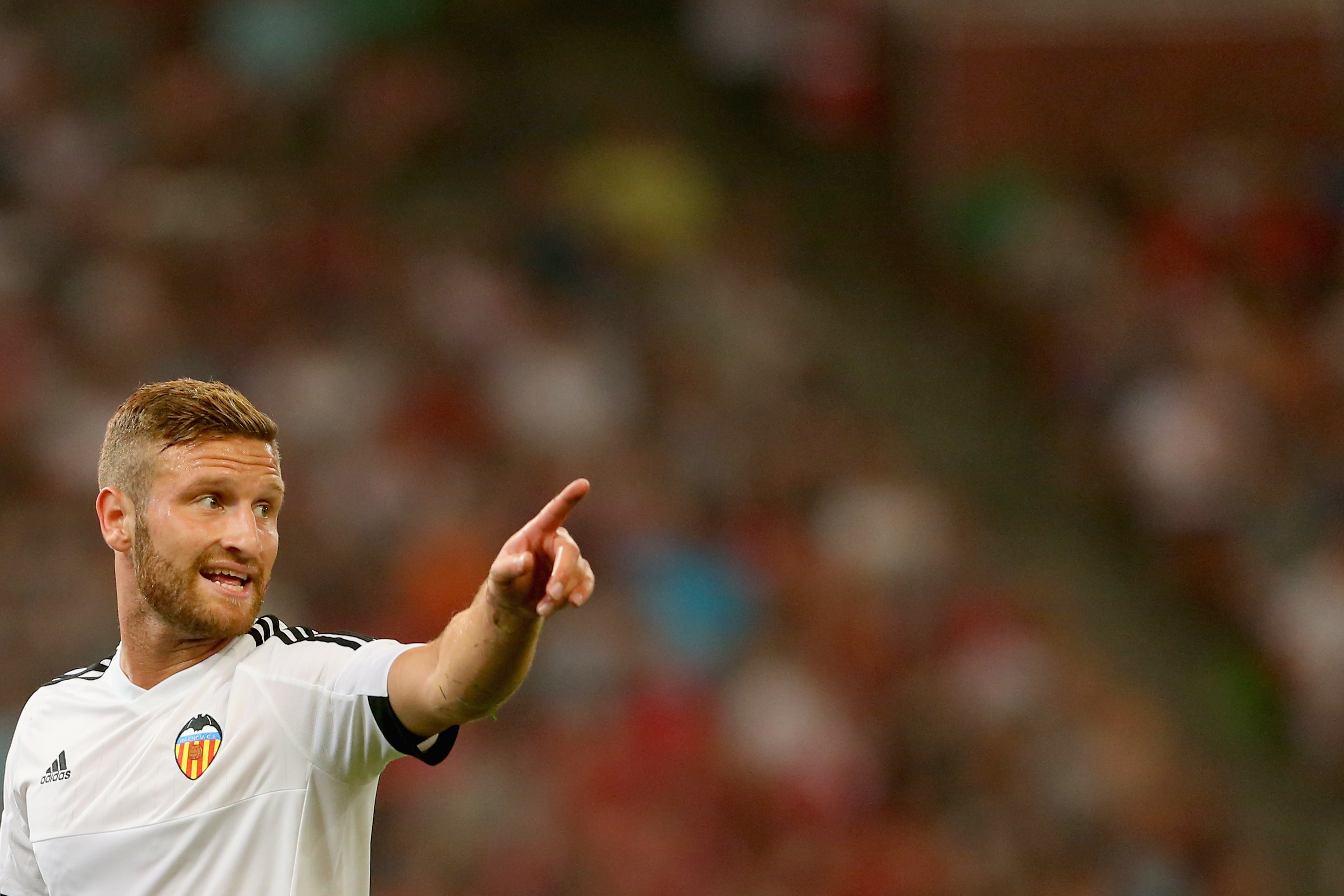BEIJING, CHINA - JULY 18: Shkodran Mustafi of Valencia reacts during the international friendly match between FC Bayern Muenchen and Valencia FC of the Audi Football Summit 2015 at National Stadium on July 18, 2015 in Beijing, China. (Photo by Alexander Hassenstein/Bongarts/Getty Images)