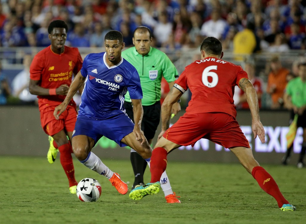 PASADENA, CA - JULY 27: Ruben Loftus-Cheek #36 of Chelsea is pursued by Dejan Lovren #6 of Liverpool in the second half during the 2016 International Champions Cup at Rose Bowl on July 27, 2016 in Pasadena, California. Chelsea defeated Liverpool 1-0. (Photo by Jeff Gross/Getty Images)