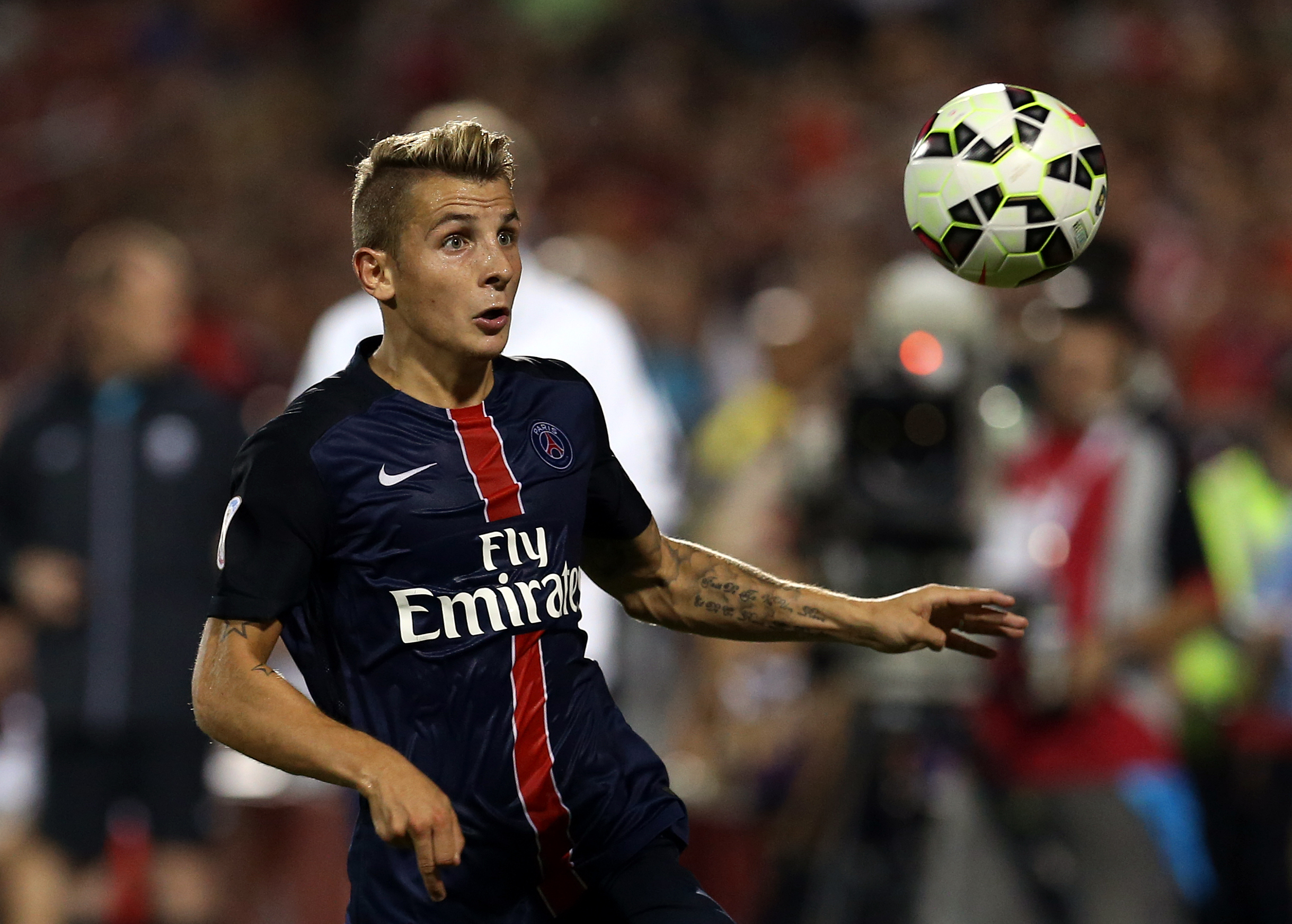 TORONTO, ON - JULY 18: Lucas Digne #21 of Paris Saint-Germain in action during the 2015 International Champions Cup match against Benfica at BMO Field on July 18, 2015 in Toronto, Ontario, Canada. (Photo by Vaughn Ridley/Getty Images)
