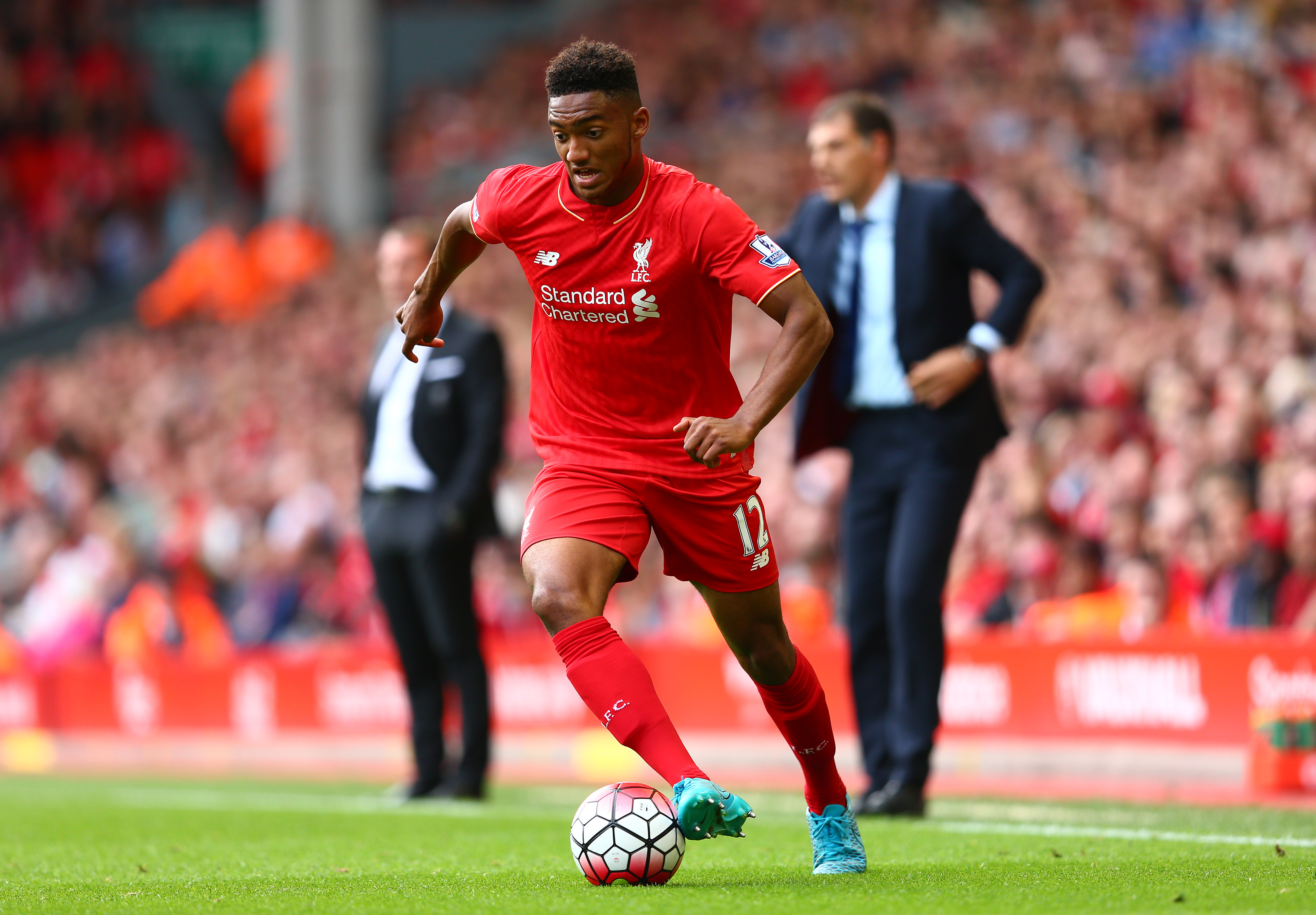 LIVERPOOL, ENGLAND - AUGUST 29: Joe Gomez of Liverpool in aciton  during the Barclays Premier League match between Liverpool and West Ham United at Anfield on August 29, 2015 in Liverpool, England.  (Photo by Clive Mason/Getty Images)