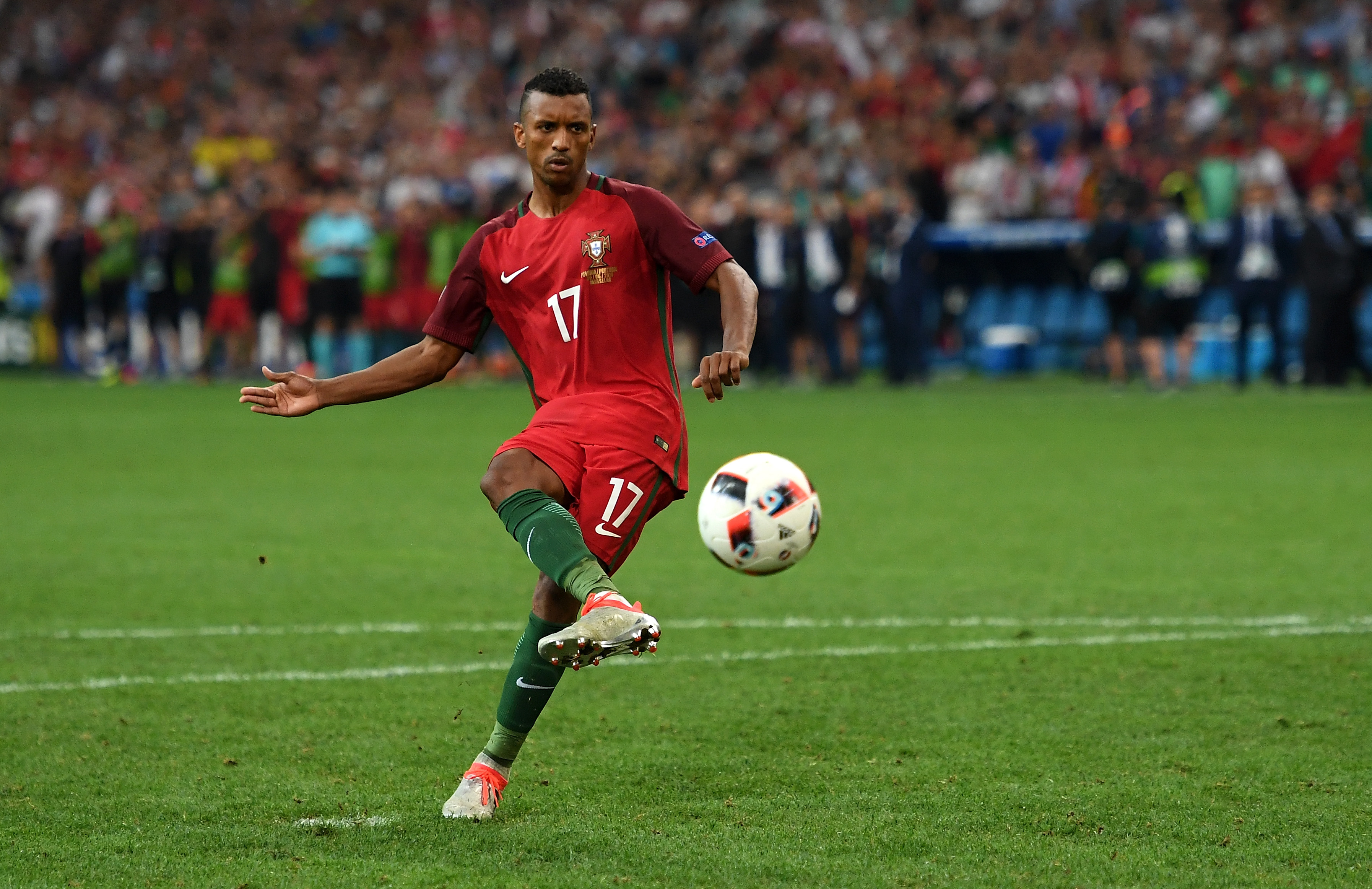 MARSEILLE, FRANCE - JUNE 30: Nani of Portugal scores at the penalty shootout during the UEFA EURO 2016 quarter final match between Poland and Portugal at Stade Velodrome on June 30, 2016 in Marseille, France. (Photo by Laurence Griffiths/Getty Images)