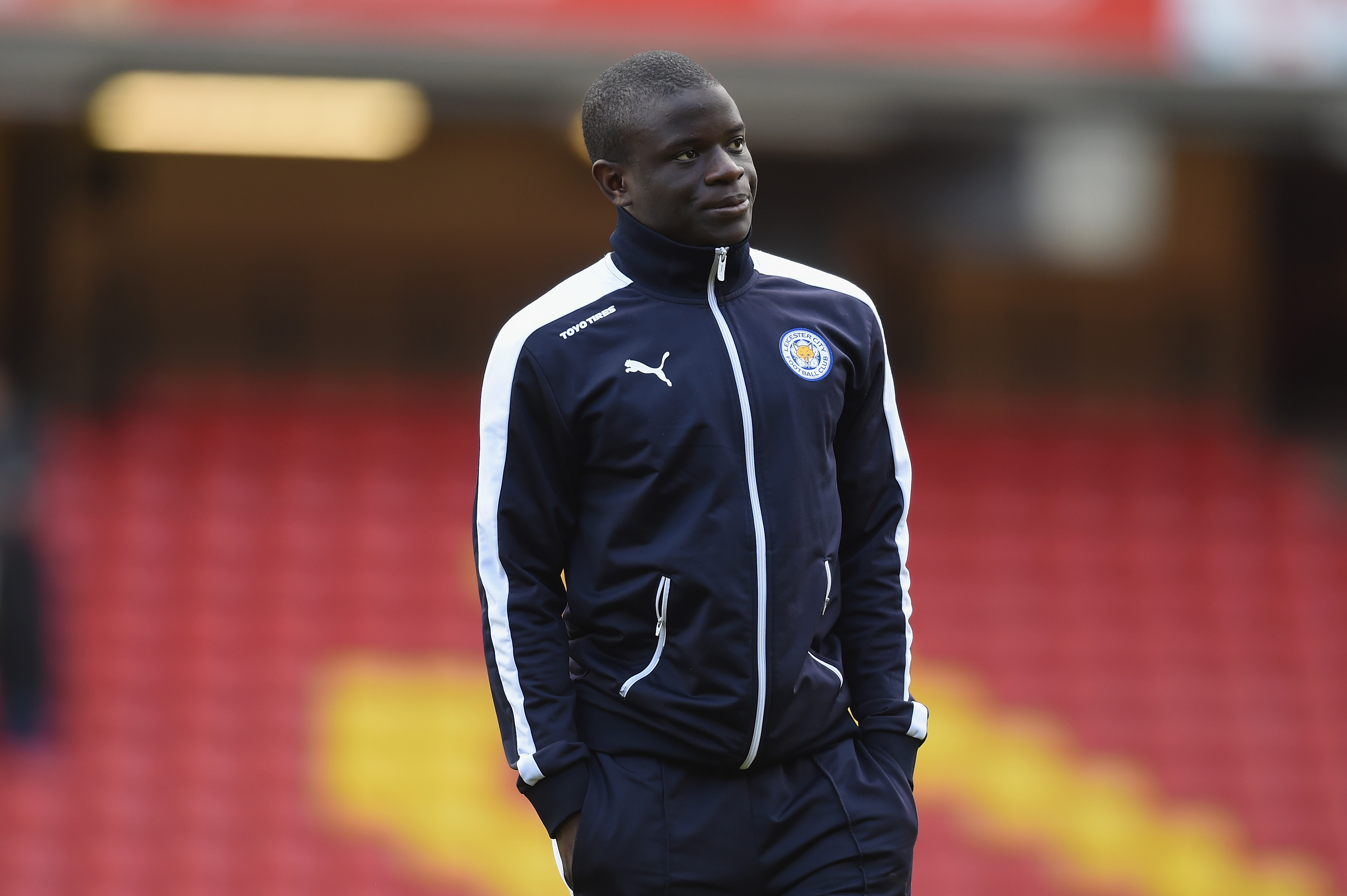 WATFORD, ENGLAND - MARCH 05: Ngolo Kante of Leicester City looks on prior to the Barclays Premier League match between Watford and Leicester City at Vicarage Road on March 5, 2016 in Watford, England. (Photo by Michael Regan/Getty Images)
