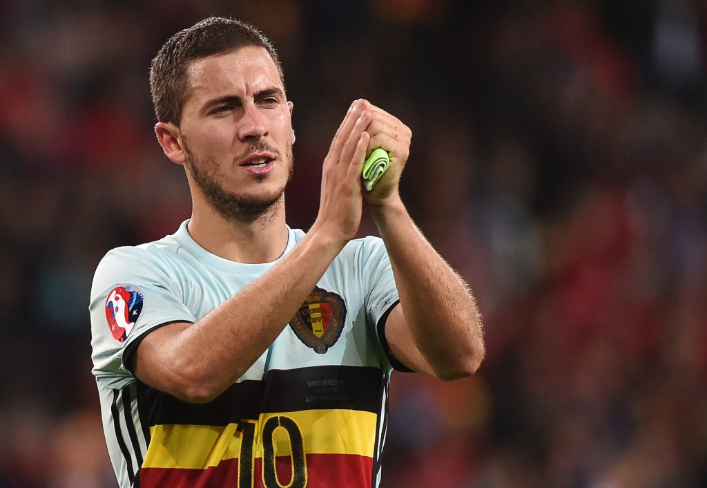 Belgium's forward Eden Hazard acknowledges supporters at the end of the Euro 2016 quarter-final football match between Wales and Belgium at the Pierre-Mauroy stadium in Villeneuve-d'Ascq near Lille, on July 1, 2016. / AFP / PHILIPPE HUGUEN (Photo credit should read PHILIPPE HUGUEN/AFP/Getty Images)