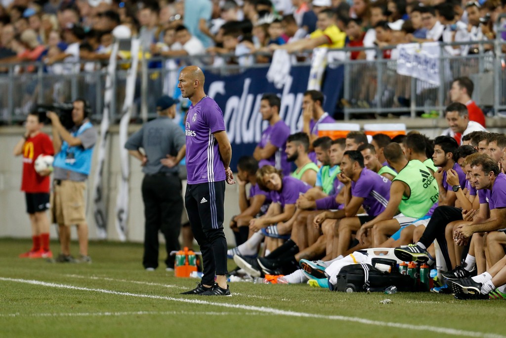 COLUMBUS, OH - JULY 27: Manager Zinedine Zidane of Real Madrid C.F. watches as his team takes on Paris Saint-Germain F.C. on July 27, 2016 at Ohio Stadium in Columbus, Ohio. Paris Saint-Germain F.C. defeated Real Madrid C.F. 3-1. (Photo by Kirk Irwin/Getty Images)