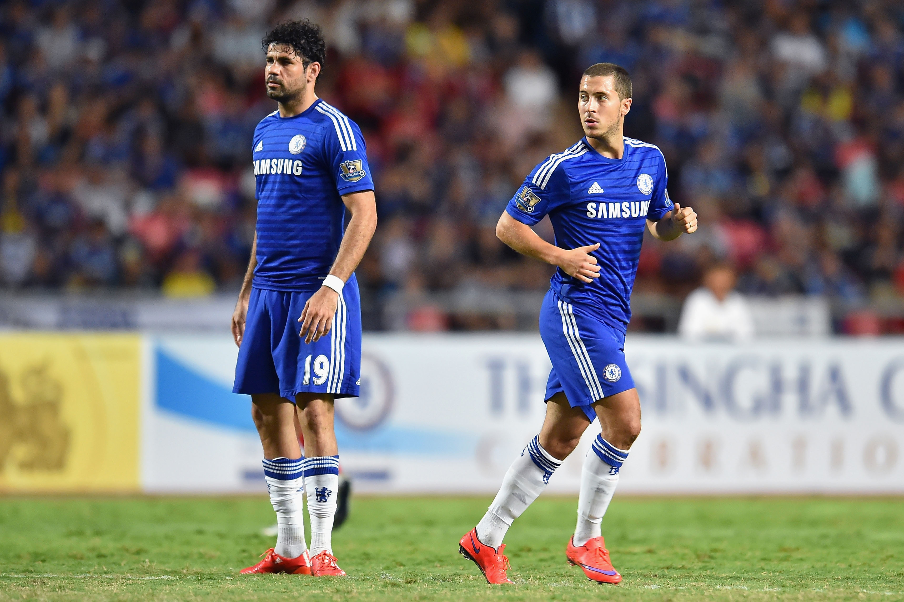 BANGKOK, THAILAND - MAY 30: Diego Costa #19 (L) and Eden Hazard (R) #10 of Chelsea FC poses during the international friendly match between Thailand All-Stars and Chelsea FC at Rajamangala Stadium on May 30, 2015 in Bangkok, Thailand. (Photo by Thananuwat Srirasant/Getty Images)