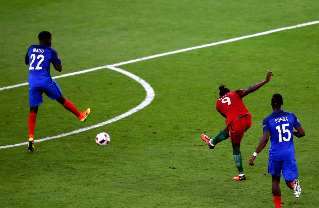 PARIS, FRANCE - JULY 10: Eder of Portugal scores the opening goal during the UEFA EURO 2016 Final match between Portugal and France at Stade de France on July 10, 2016 in Paris, France. (Photo by Alex Livesey/Getty Images)