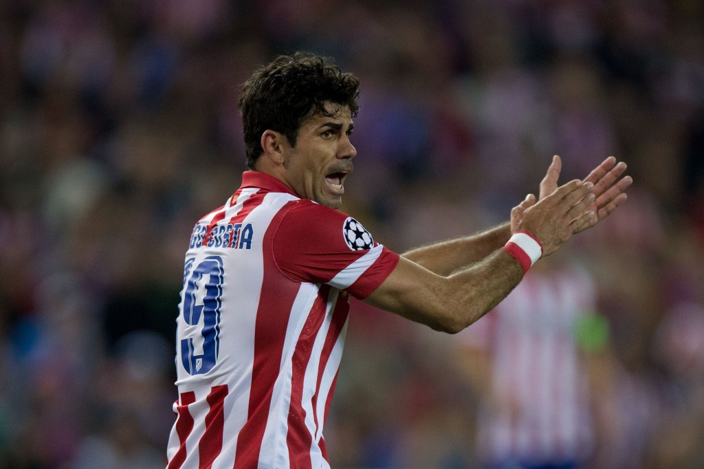 MADRID, SPAIN - APRIL 22: Diego Costa of Atletico de Madrid protests to the referee during the UEFA Champions League Semi Final first leg match between Club Atletico de Madrid and Chelsea FC at Vicente Calderon Stadium on April 22, 2014 in Madrid, Spain. (Photo by Gonzalo Arroyo Moreno/Getty Images)