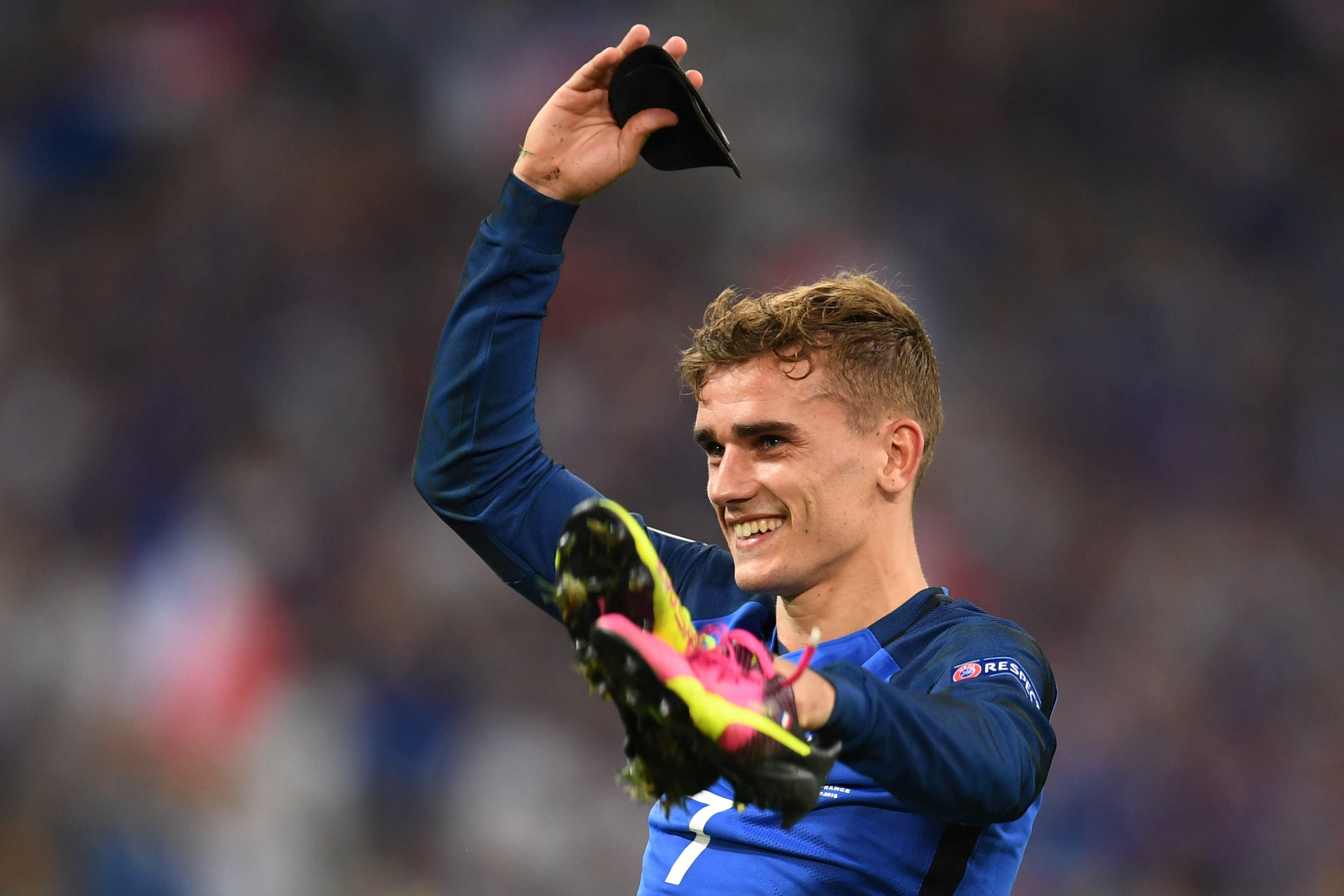 France's forward Antoine Griezmann, who scored the team's two goals, acknowledges the fans after France beat Germany 2-0 in the Euro 2016 semi-final football match between Germany and France at the Stade Velodrome in Marseille on July 7, 2016.
France will face Portugal in the Euro 2016 finals on July 10, 2016. / AFP / PATRIK STOLLARZ        (Photo credit should read PATRIK STOLLARZ/AFP/Getty Images)