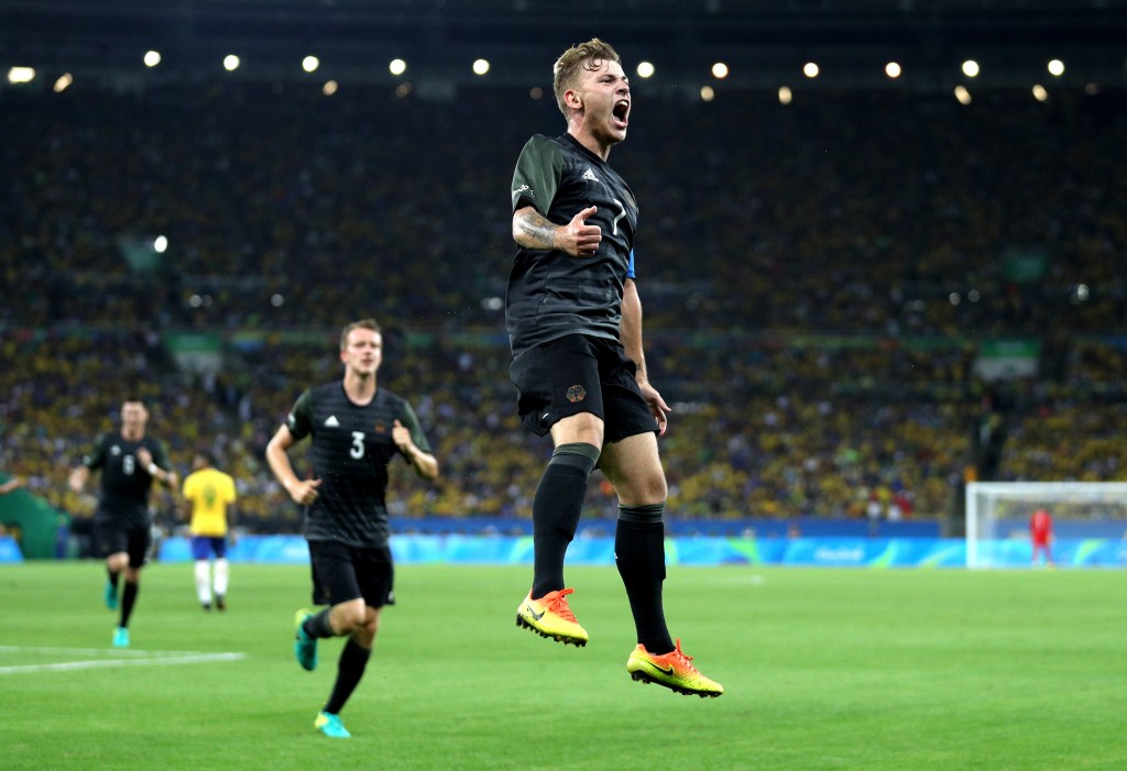 RIO DE JANEIRO, BRAZIL - AUGUST 20: Maximilian Meyer of Germany celebrates scoring during the Men's Football Final between Brazil and Germany at the Maracana Stadium on Day 15 of the Rio 2016 Olympic Games on August 20, 2016 in Rio de Janeiro, Brazil. (Photo by Paul Gilham/Getty Images)