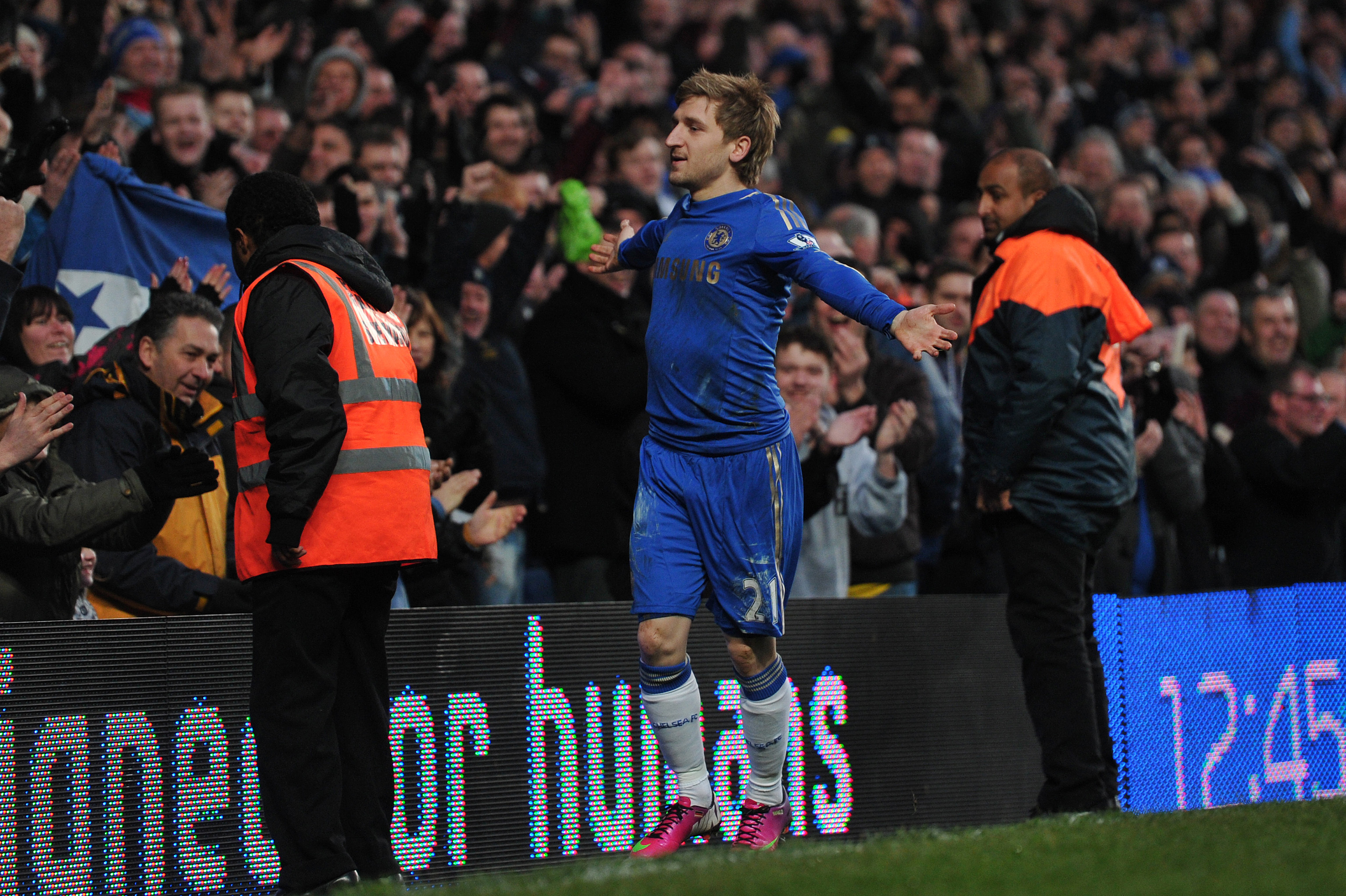 Chelsea's German midfielder Marko Marin celebrates scoring Chelsea's fourth goal during the English Premier League football match between Chelsea and Wigan Athletic at Stamford Bridge in London on February 9, 2013. Chelsea won 4-1.  AFP PHOTO / CARL COURT

RESTRICTED TO EDITORIAL USE. No use with unauthorized audio, video, data, fixture lists, club/league logos or "live" services. Online in-match use limited to 45 images, no video emulation. No use in betting, games or single club/league/player publications.        (Photo credit should read CARL COURT/AFP/Getty Images)