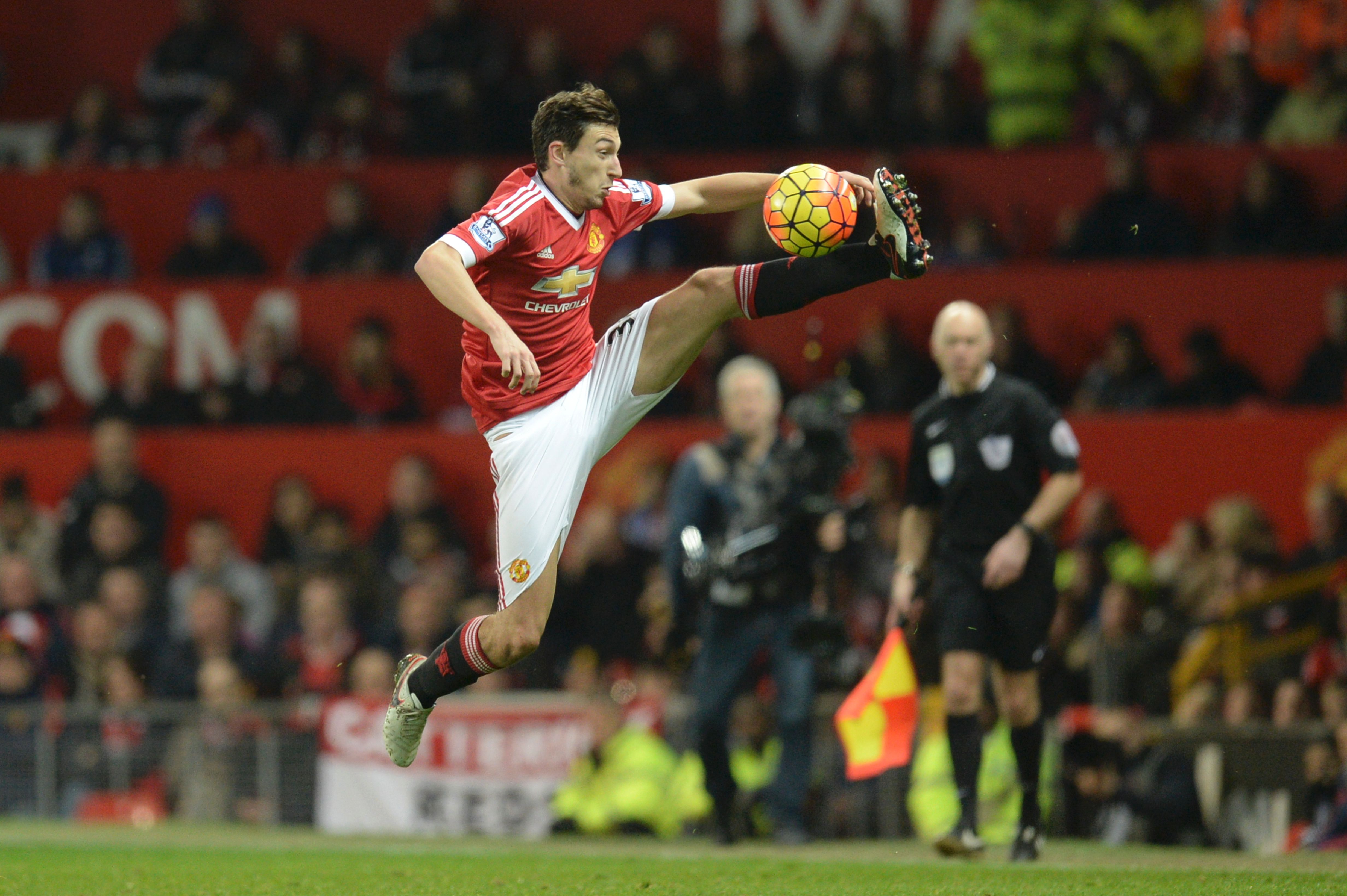 Manchester United's Italian defender Matteo Darmian controls the ball during the English Premier League football match between Manchester United and Chelsea at Old Trafford in Manchester, north west England, on December 28, 2015.
(Photo by Oli Scarff/AFP/Getty Images)
