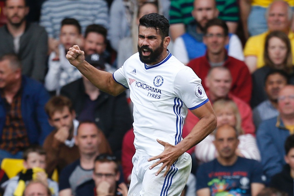Chelsea's Brazilian-born Spanish striker Diego Costa celebrates scoring their second goal during the English Premier League football match between Watford and Chelsea at Vicarage Road Stadium in Watford, north of London on August 20, 2016. / AFP / Ian Kington / RESTRICTED TO EDITORIAL USE. No use with unauthorized audio, video, data, fixture lists, club/league logos or 'live' services. Online in-match use limited to 75 images, no video emulation. No use in betting, games or single club/league/player publications. / (Photo credit should read IAN KINGTON/AFP/Getty Images)