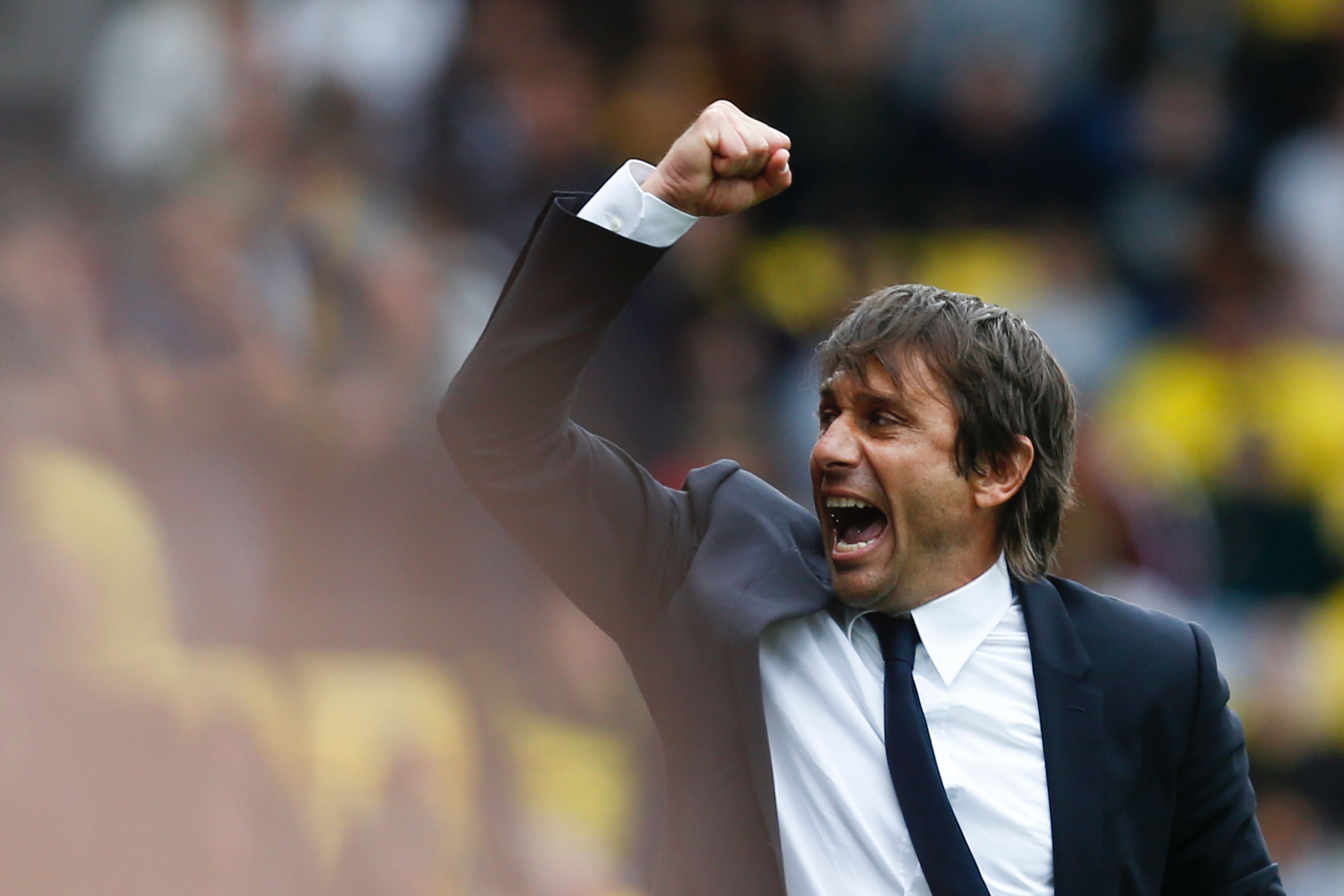 Chelsea's Italian head coach Antonio Conte reacts at the final whistle on the touchline during the English Premier League football match between Watford and Chelsea at Vicarage Road Stadium in Watford, north of London on August 20, 2016. (Photo Credit: Ian Kington/AFP/Getty Images)