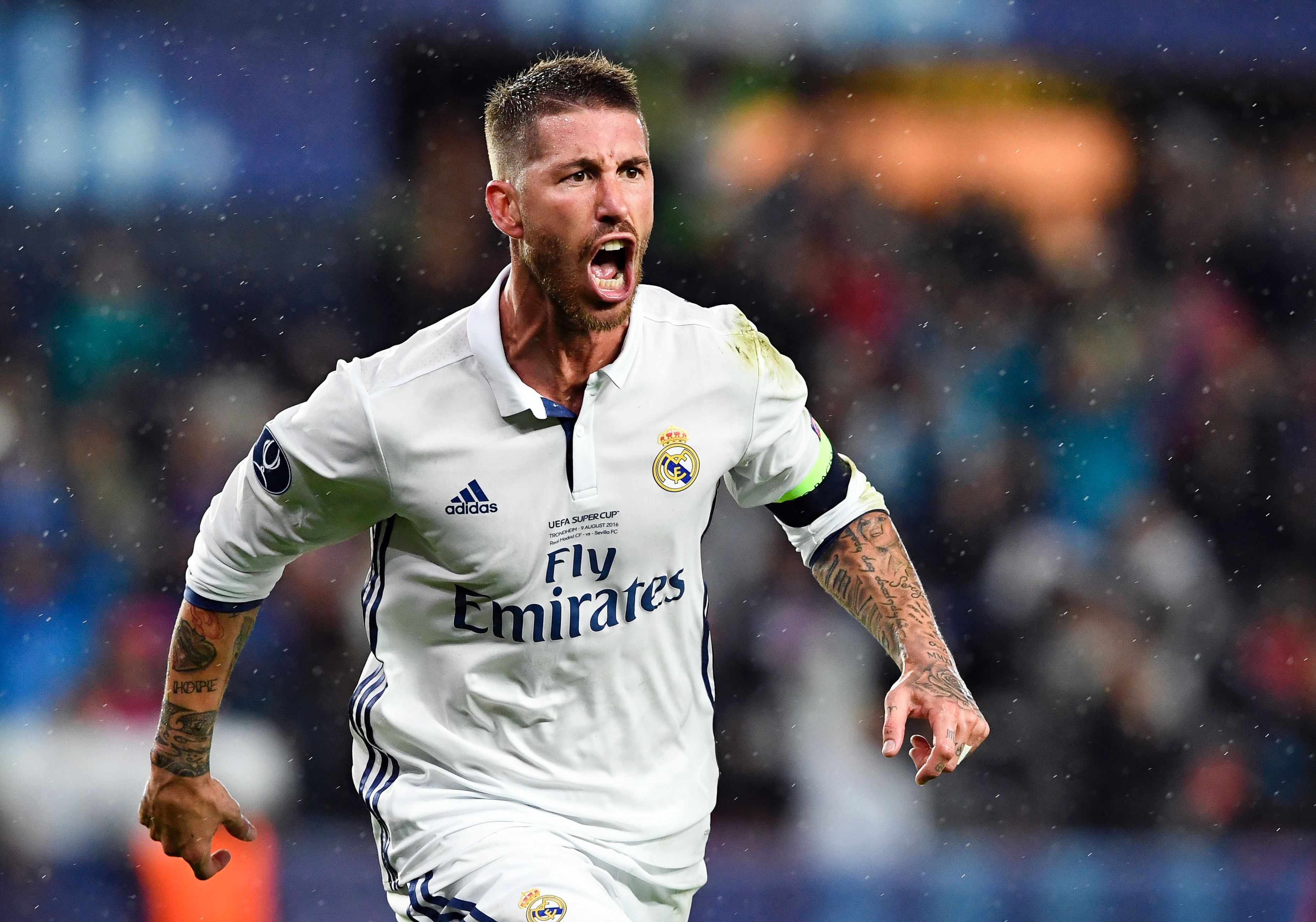 Real Madrid's Spanish defender Sergio Ramos reacts after scoring during the UEFA Super Cup final football match between Real Madrid CF and Sevilla FC on August 9, 2016 at the Lerkendal Stadium in Trondheim. / AFP / JONATHAN NACKSTRAND (Photo credit should read JONATHAN NACKSTRAND/AFP/Getty Images)