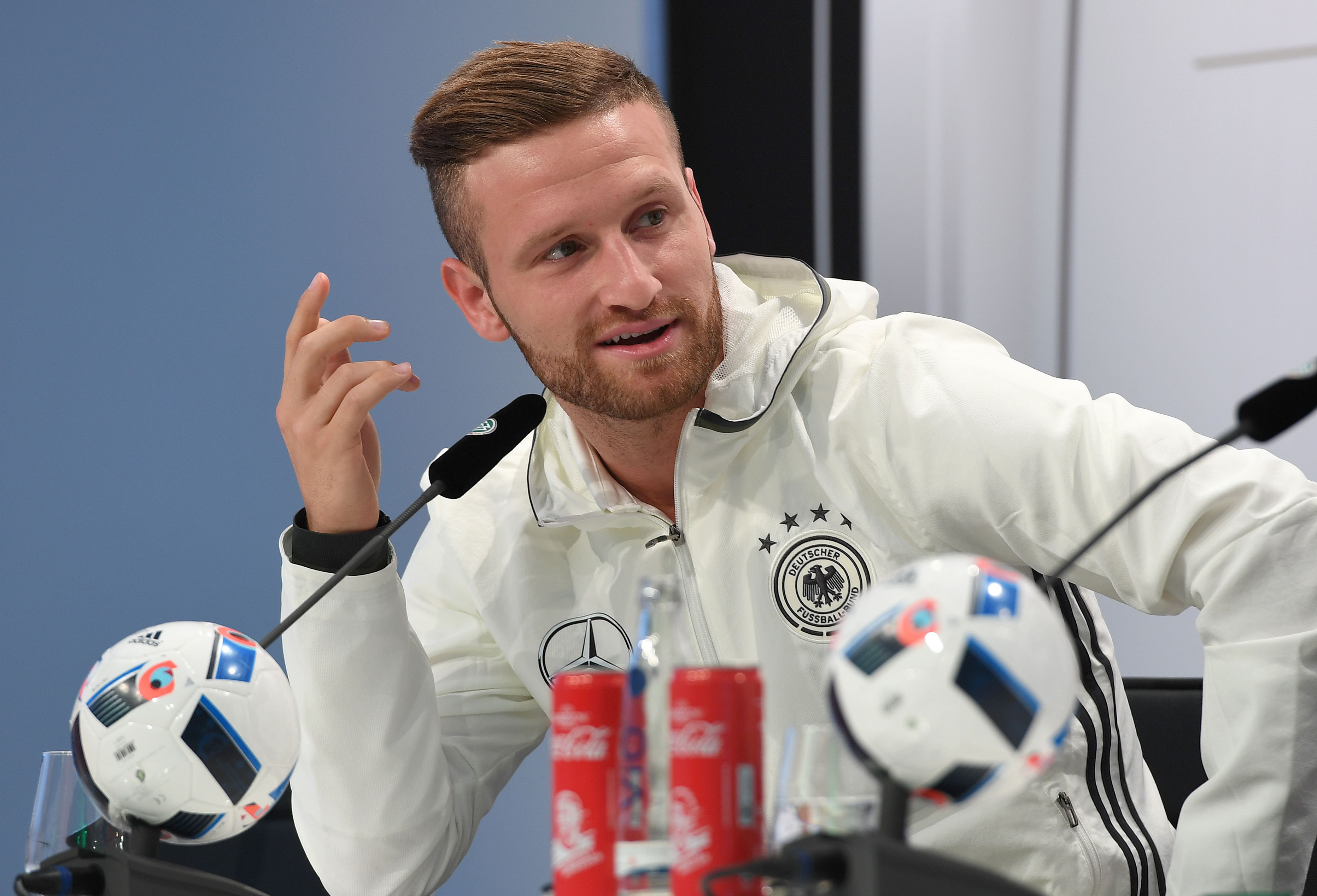 Germany's midfielder Skodran Mustafi holds a press conference in Evian on June 14, 2016 during the Euro 2016 football tournament. / AFP / PATRIK STOLLARZ (Photo credit should read PATRIK STOLLARZ/AFP/Getty Images)