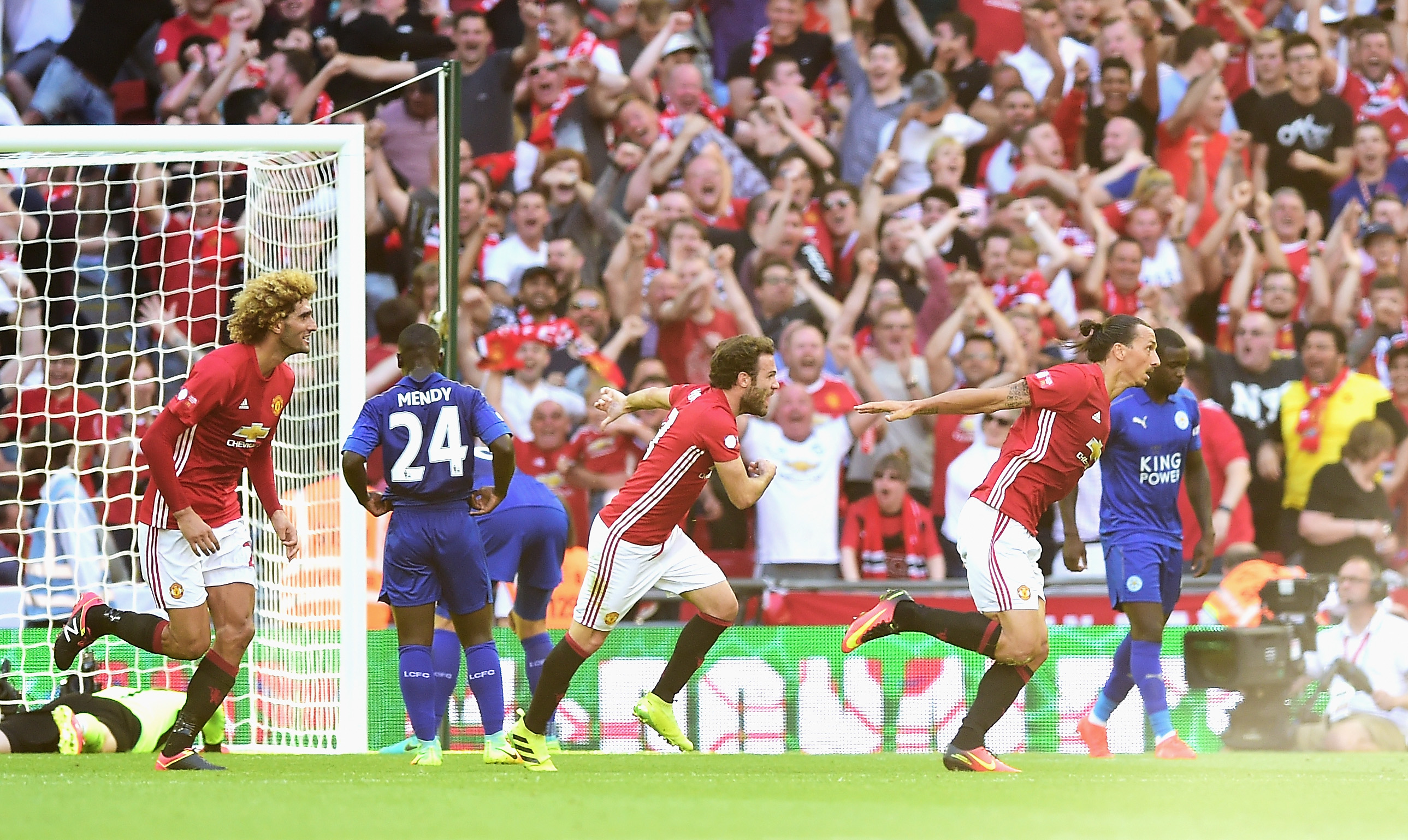 LONDON, ENGLAND - AUGUST 07: Zlatan Ibrahimovic of Manchester United celebrates after scoring his sides second goal during The FA Community Shield match between Leicester City and Manchester United at Wembley Stadium on August 7, 2016 in London, England.  (Photo by Alex Broadway/Getty Images)